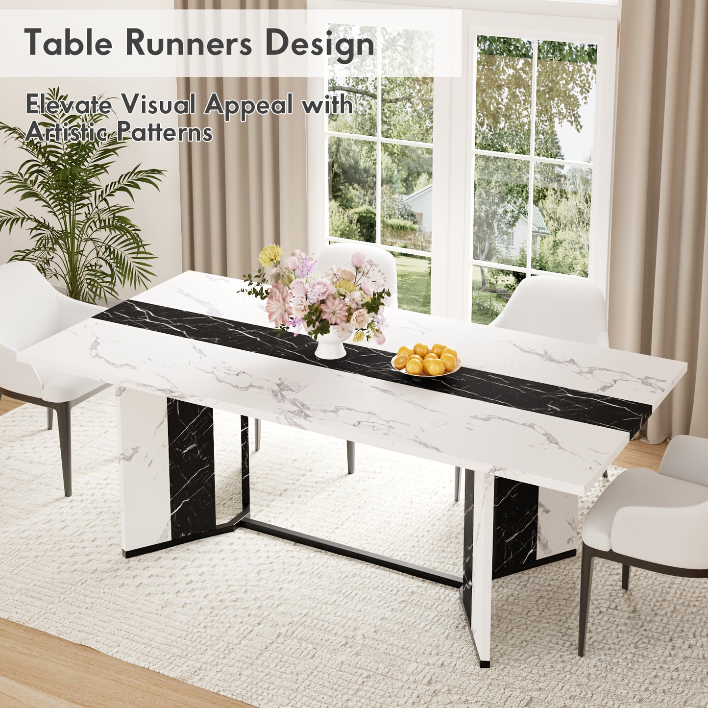 70.9" Large Modern Farmhouse Dining Table for 6-8 People - Heavy-Duty Rectangular Kitchen Table with Triangular Steel Base, Spacious Surface & Easy Assembly, Durable MDF/Plastic/Wood Construction, Ideal for Family Dinners & E