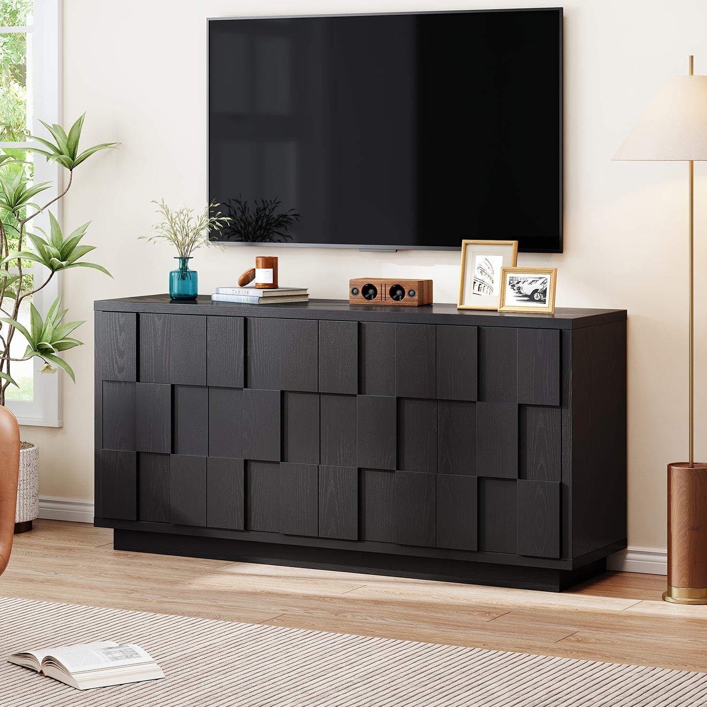 60" Mid-Century Modern Farmhouse Buffet Cabinet - Stylish & Functional Storage Credenza with Coffee Bar Station, Adjustable Shelving & Artisan-Crafted Asymmetric Design for Living Room Kitchen Entryway, Black