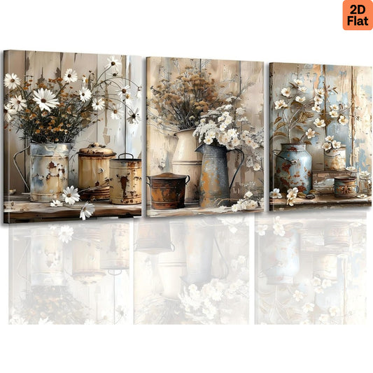 2D Flat, Paintings, 3pcs Framed Rustic Daisy Vase Floral Wall Art - Vintage Farmhouse Pictures with Thick Wood Frame & Canvas, Botanical Flower Prints Suitable for Bedroom, Office, Gallery - Ready to Hang (12x16 inch/ 30x40cm