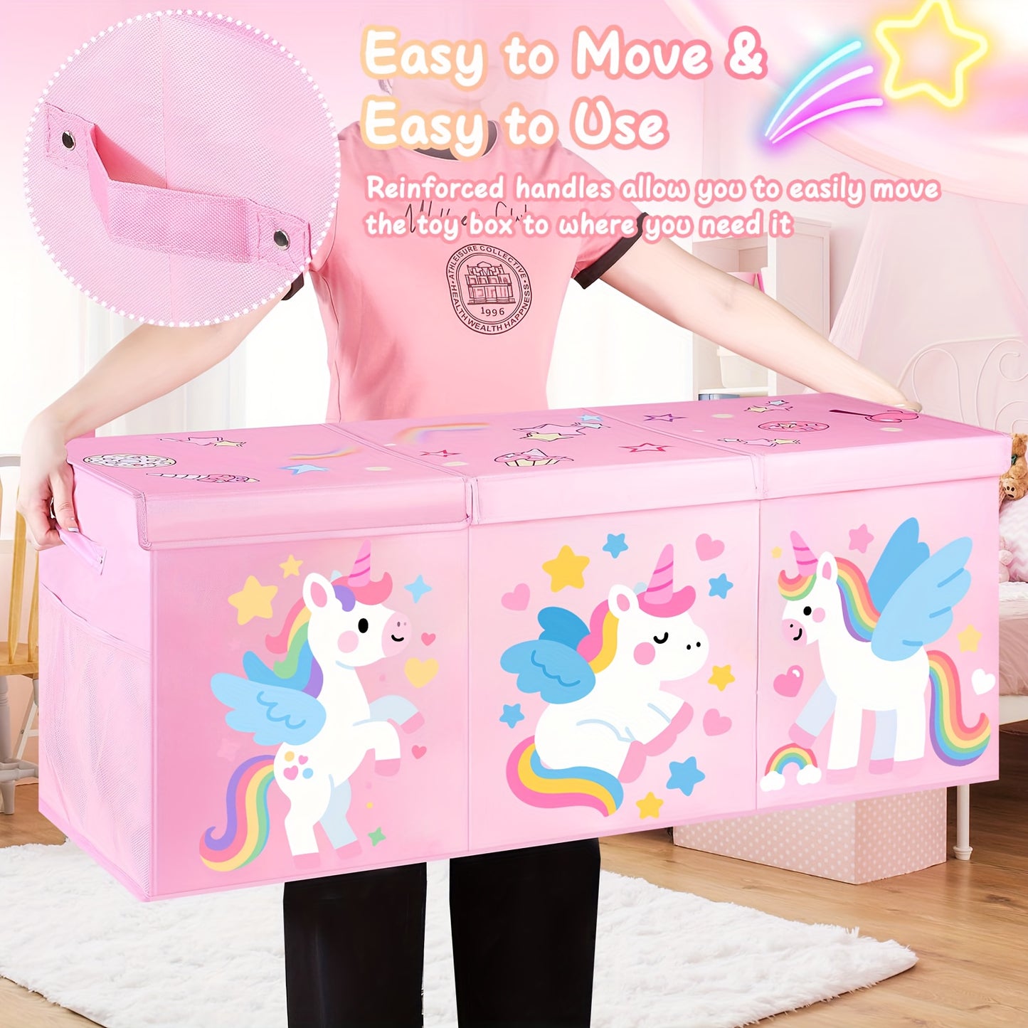 Extra Large Collapsible Toy Box with Lids - Sturdy Storage Organizer for Toys, Black Pink Chest Bin for 14+ Boys & Girls, Perfect for Playroom, Bedroom, Nursery, Toy Storage Organizer, Playroom Organizer - Vibrant Illustratio