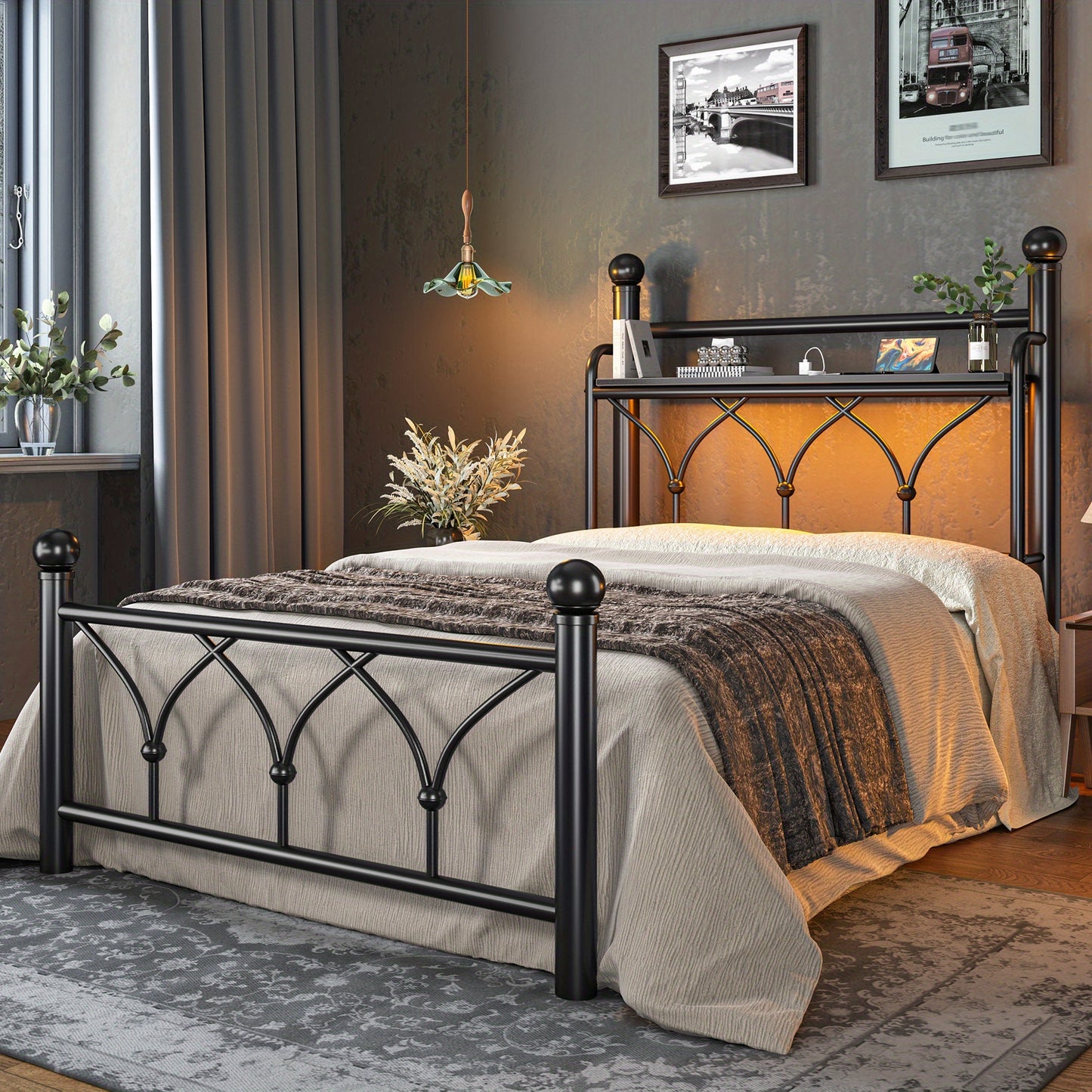 Metal Bed Frame With LED Lights, Twin/Full/Queen/King Size Bed Frame With Headboard, Heavy Duty Sturdy Mattress Foundation With Storage Space, Strong Metal Slats Support, Noise Free, No Box Spring Needed, Black