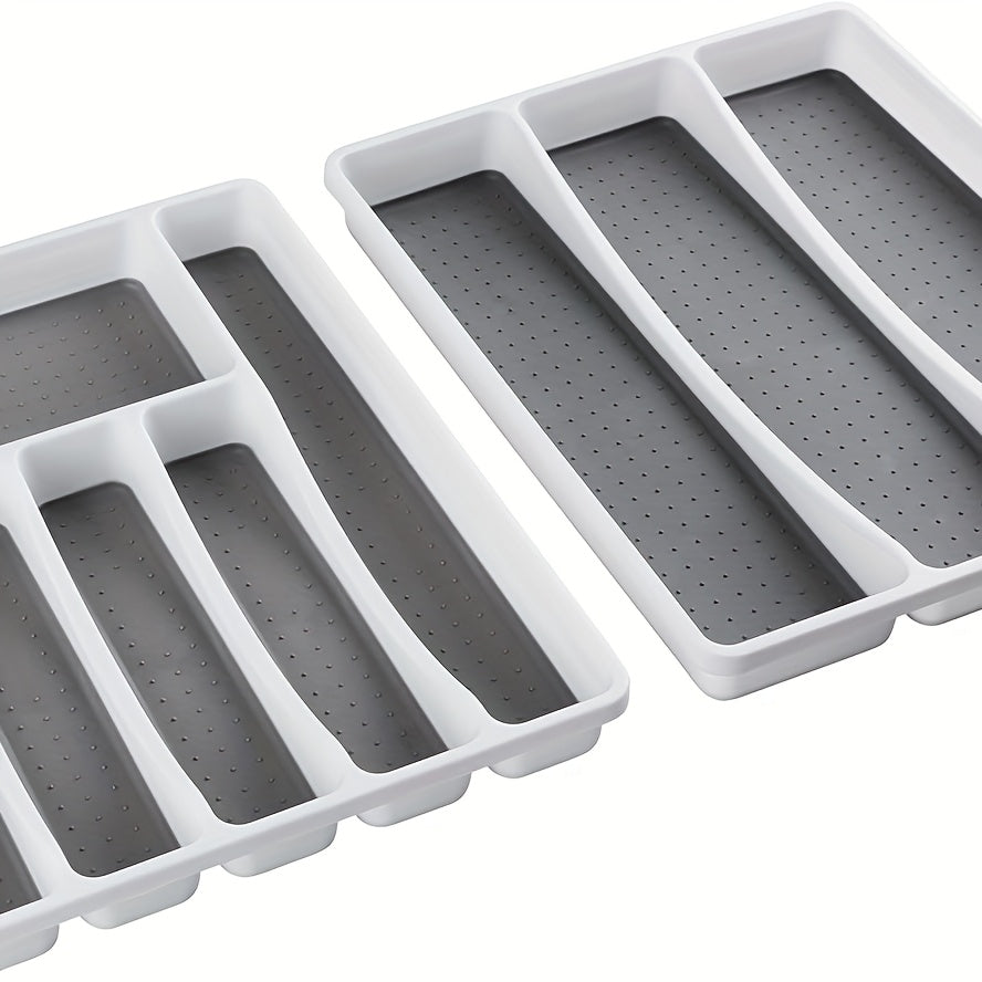 No-Slip Silverware Tray Organizer with 9-Section Deep Drawer Storage - Durable Plastic Kitchen Utensil & Cutlery Holder, Space-Saving Design for Entire Drawer, Easy Insert Installation, White & Gray, Kitchen Drawer Organizer,