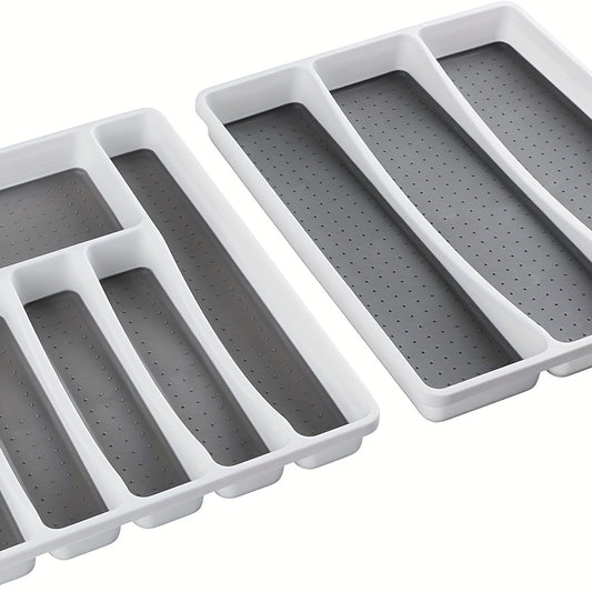 No-Slip Silverware Tray Organizer with 9-Section Deep Drawer Storage - Durable Plastic Kitchen Utensil & Cutlery Holder, Space-Saving Design for Entire Drawer, Easy Insert Installation, White & Gray, Kitchen Drawer Organizer,
