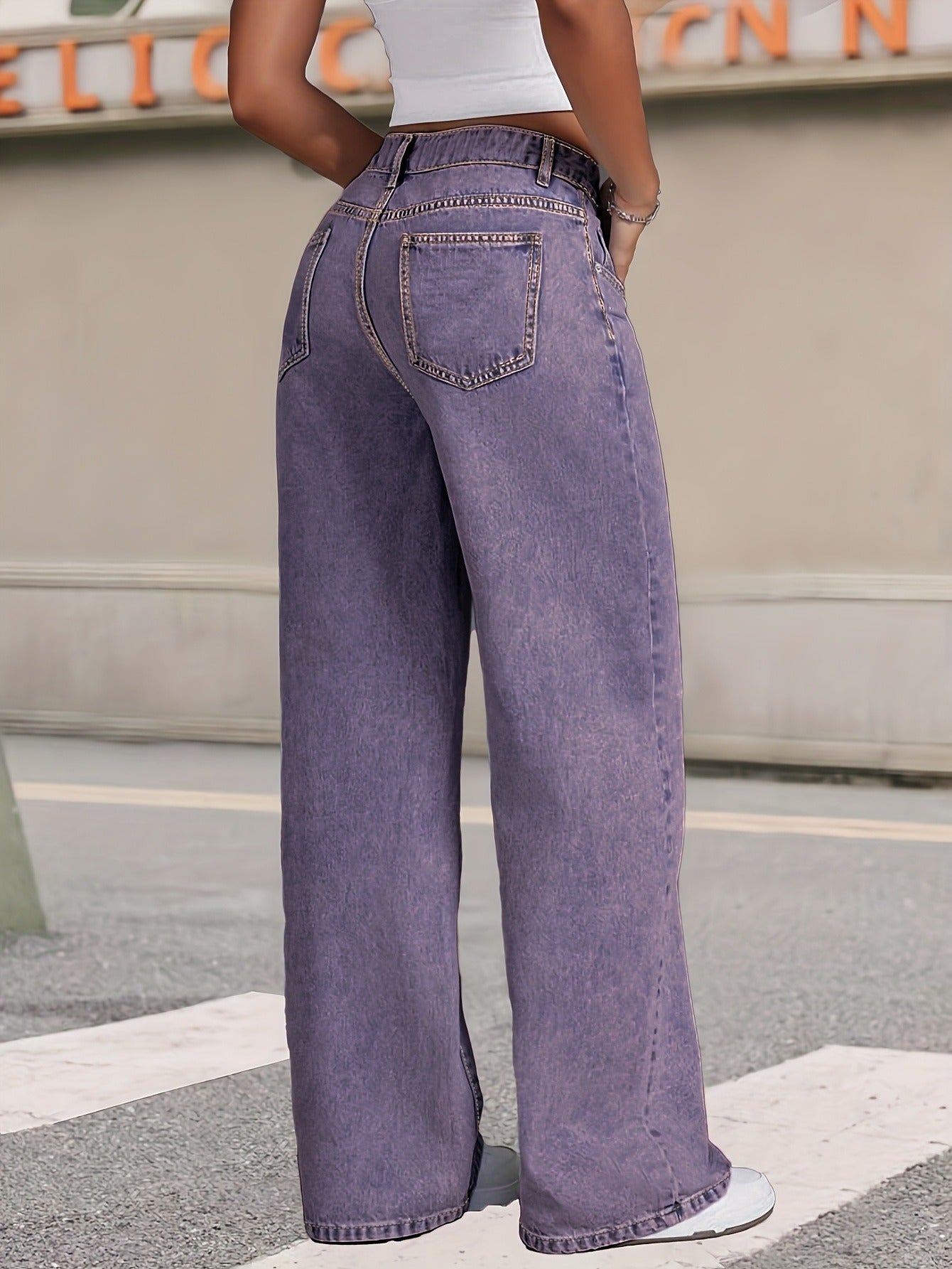 Women'S Plus-Size High-Waist Stretch Straight-Leg Jeans - Opaque Stretch Denim Fabric, Relaxed H-Line Fit with Built-In Zipper Closure, 7/8 Length Ankle, Purple & Light Blue Color Options - All-Season Casual & Formal Wear