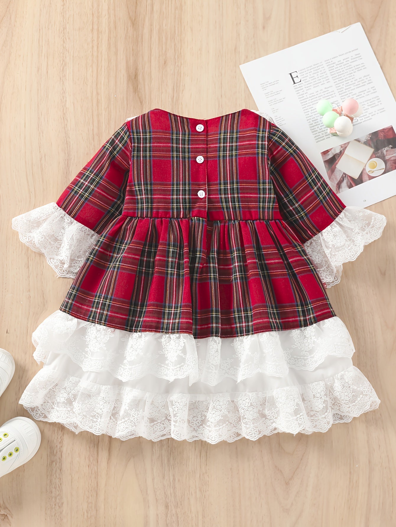 Red White Plaid Christmas Halloween Girls Dress with Full Lace Trim and Oversized Bow, Holiday Party Outfit