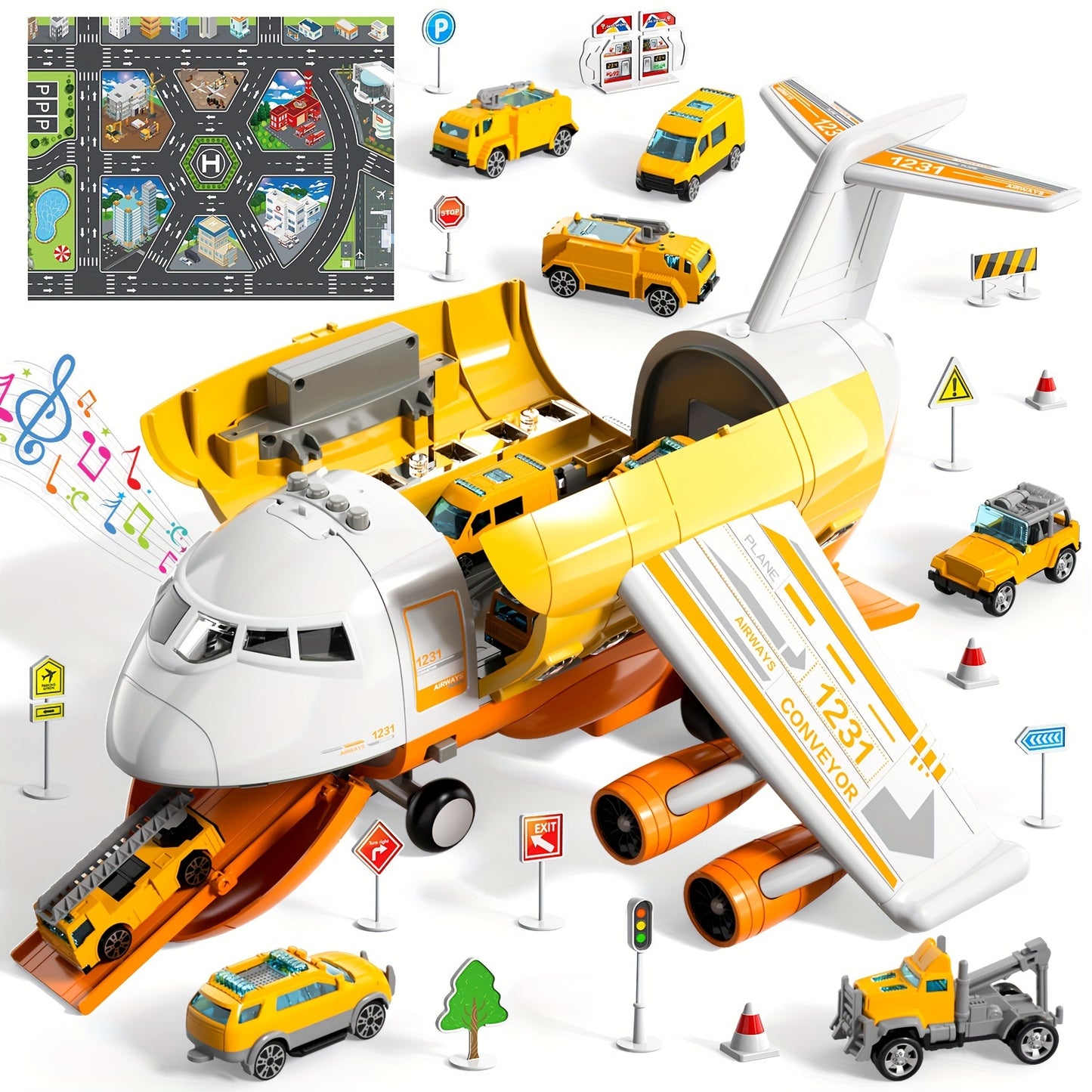 Educational Airplane with Steam Lights and 4 Cars in Yellow - Colorful Box Set