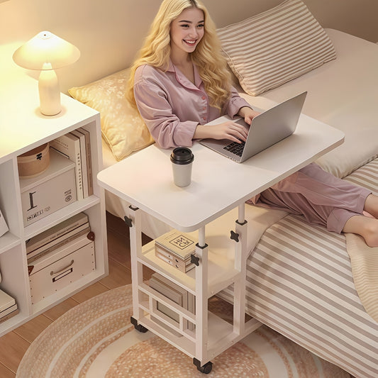 Height Adjustable Rolling Table with Storage Shelves - Heavy-Duty Wood/Metal Construction, Modern Mobile Desk with Casters, Space-Saving Design for Home Office, Bedside, Laptop Workstation & Small Spaces - Easy Assembly, Engi