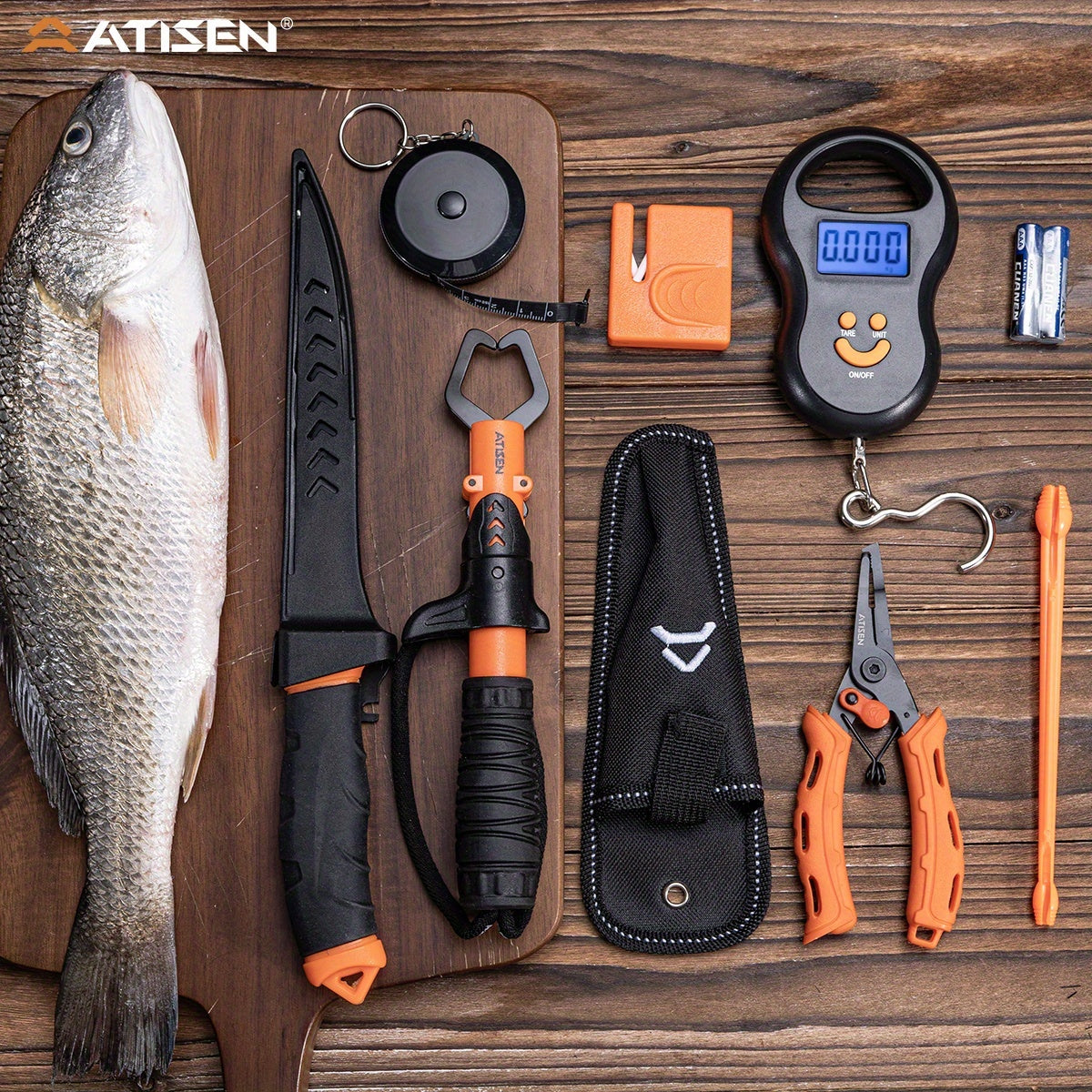 The ATISEN Professional Multifunctional Fishing Tool Set Includes Serrated Knives, an Electronic Scale, a Fish Control Device, a Hook Remover, a Sharpening Tool, And Other Additions. It'S a Must-Have for Fishing Enthusiasts,