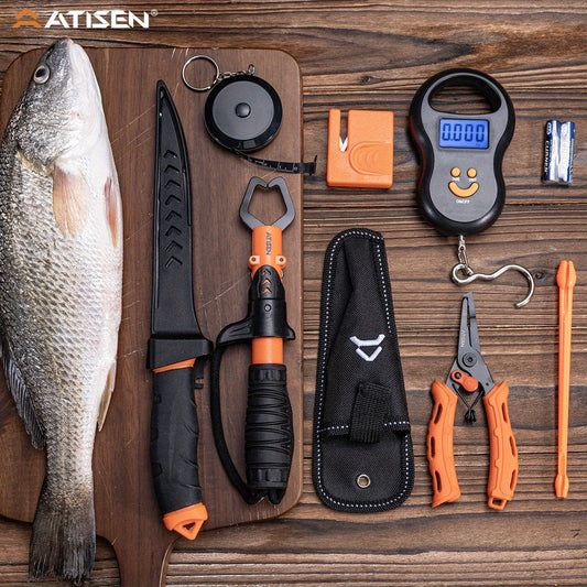 The ATISEN Professional Multifunctional Fishing Tool Set Includes Serrated Knives, an Electronic Scale, a Fish Control Device, a Hook Remover, a Sharpening Tool, And Other Additions. It'S a Must-Have for Fishing Enthusiasts,