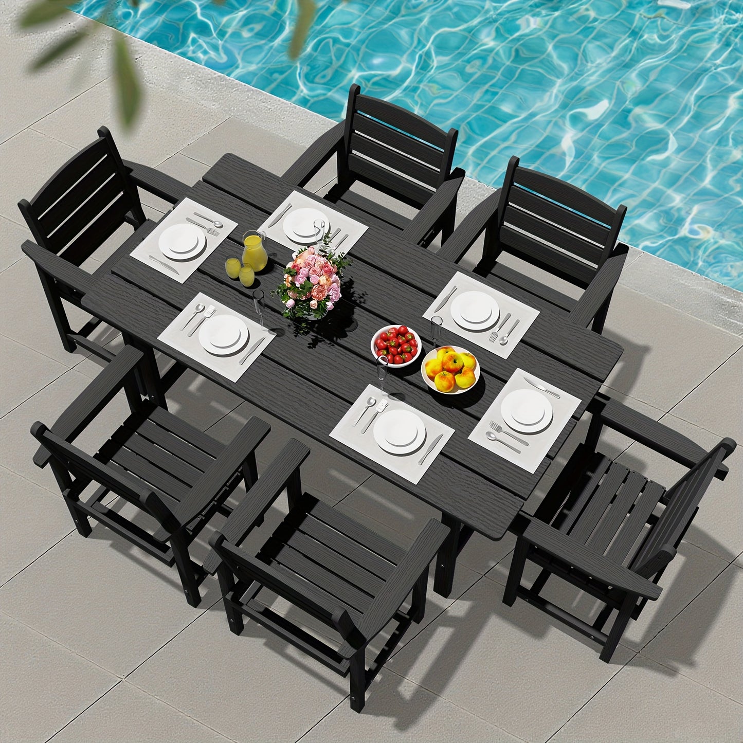 Outdoor HDPE Dining Set, 7pcs Outdoor Furniture with Large Table& 6 Chairs, All-Weather Patio Dining Set for Lawn, Garden, Backyard, Poolside