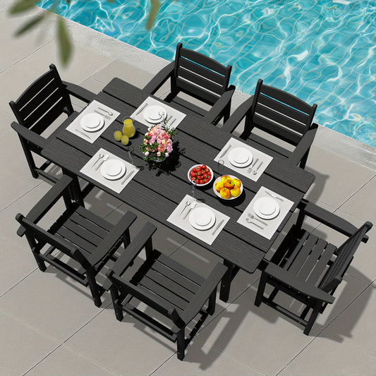 Outdoor HDPE Dining Set, 7pcs Outdoor Furniture with Large Table& 6 Chairs, All-Weather Patio Dining Set for Lawn, Garden, Backyard, Poolside