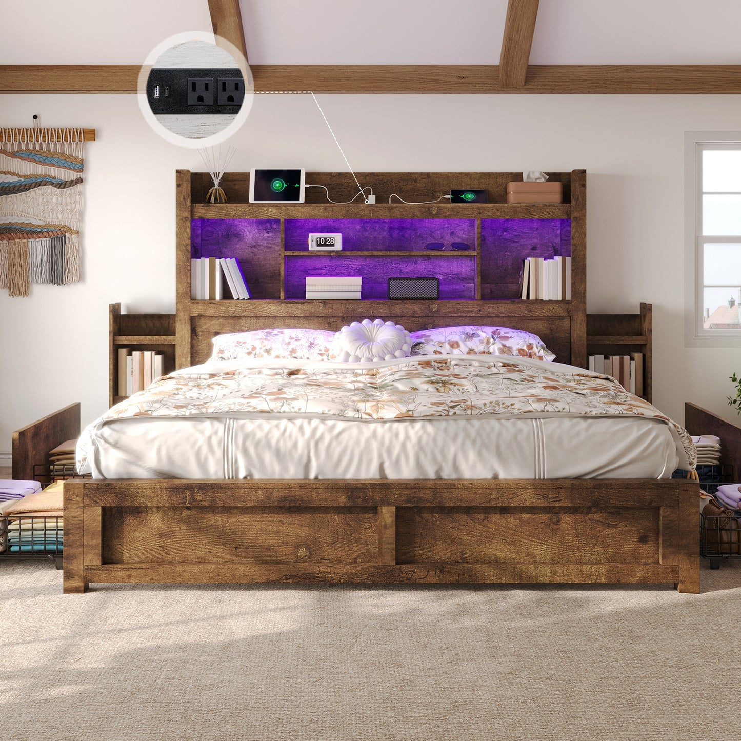 PAPABABE Bed Frame Featuring a 49.6-Inch Bookcase Headboard, Four Drawers, And Two Removable Storage Racks - a Farmhouse-Style Wooden Bed Frame Equipped with RGB LED Lights And a Charging Station, No Box Spring Required