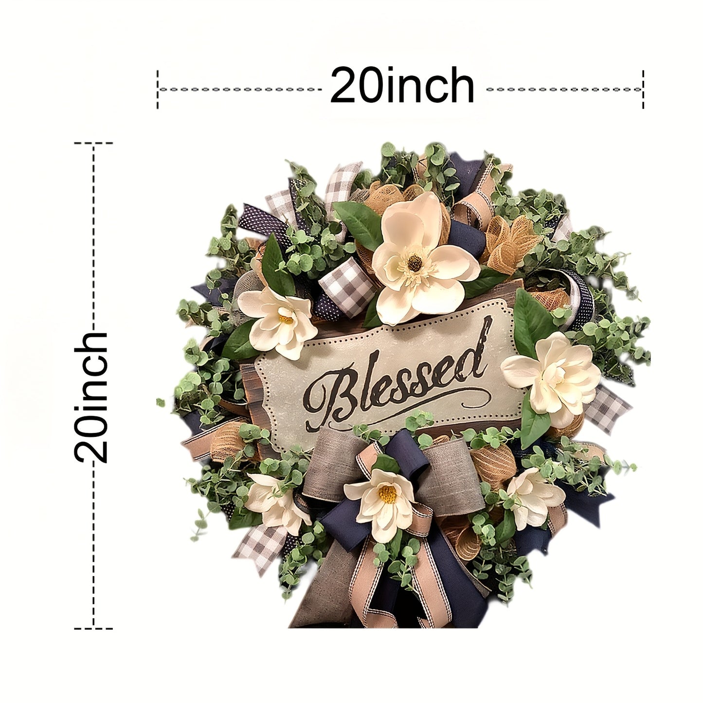 1 Extra-Large 20-Inch Farmhouse-Style Wreath- Elegant Magnolia Floral Door Decoration, Plaid Pattern, Rustic Porch Accent, Perfect for Thanksgiving, Halloween, Christmas, Garden Decor, Cozy Home Accent, Natural Leaf Design, F
