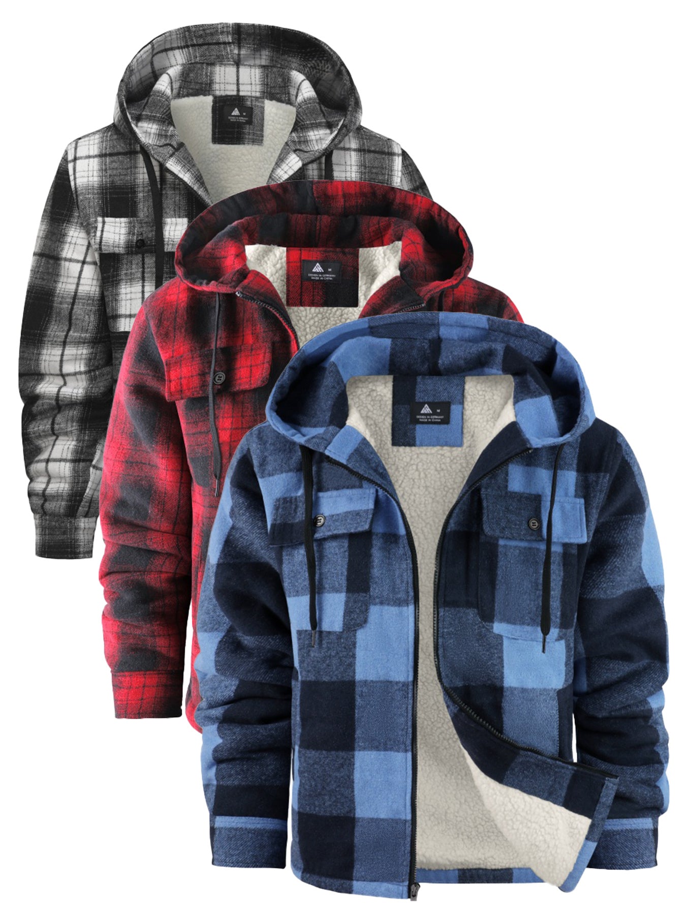 3pcs Sets Fashion Flannel Plaid Shirt Jacket for Men Sherpa Lined Zip Up Hoodies Shirts Jackets
