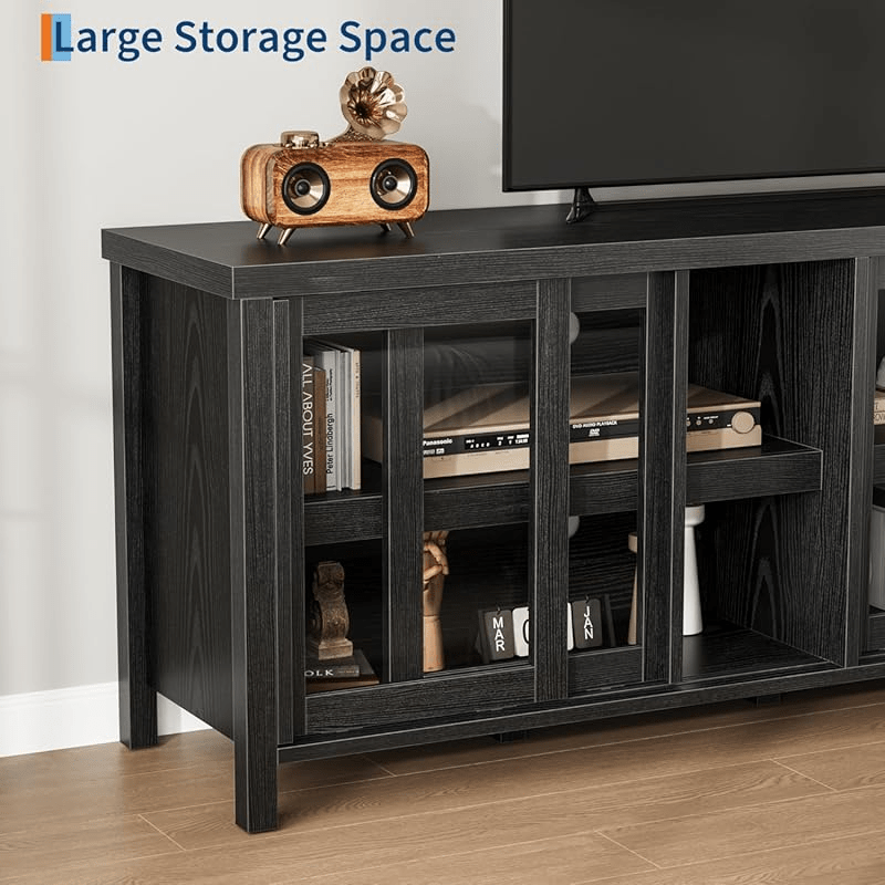 65 Inch TV Stand with Sliding Glass Doors - Heavy-Duty Non-Wood Entertainment Center, Modern Media Console with Storage Cabinet, Easy Assembly Living Room & Home Theater Furniture for Large TVs up to 65 Inches, Display Shelvi