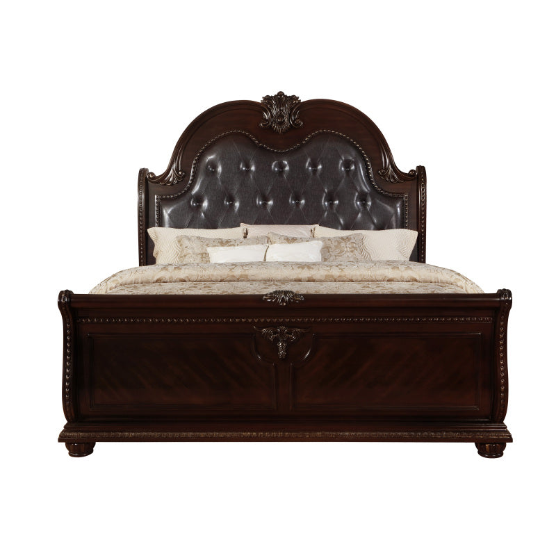 1pc Traditional Style Faux Leather Upholstered Headboard | Button Tufted, Antique Brown End, Formal Queen Sleigh Bed, Vintage Style