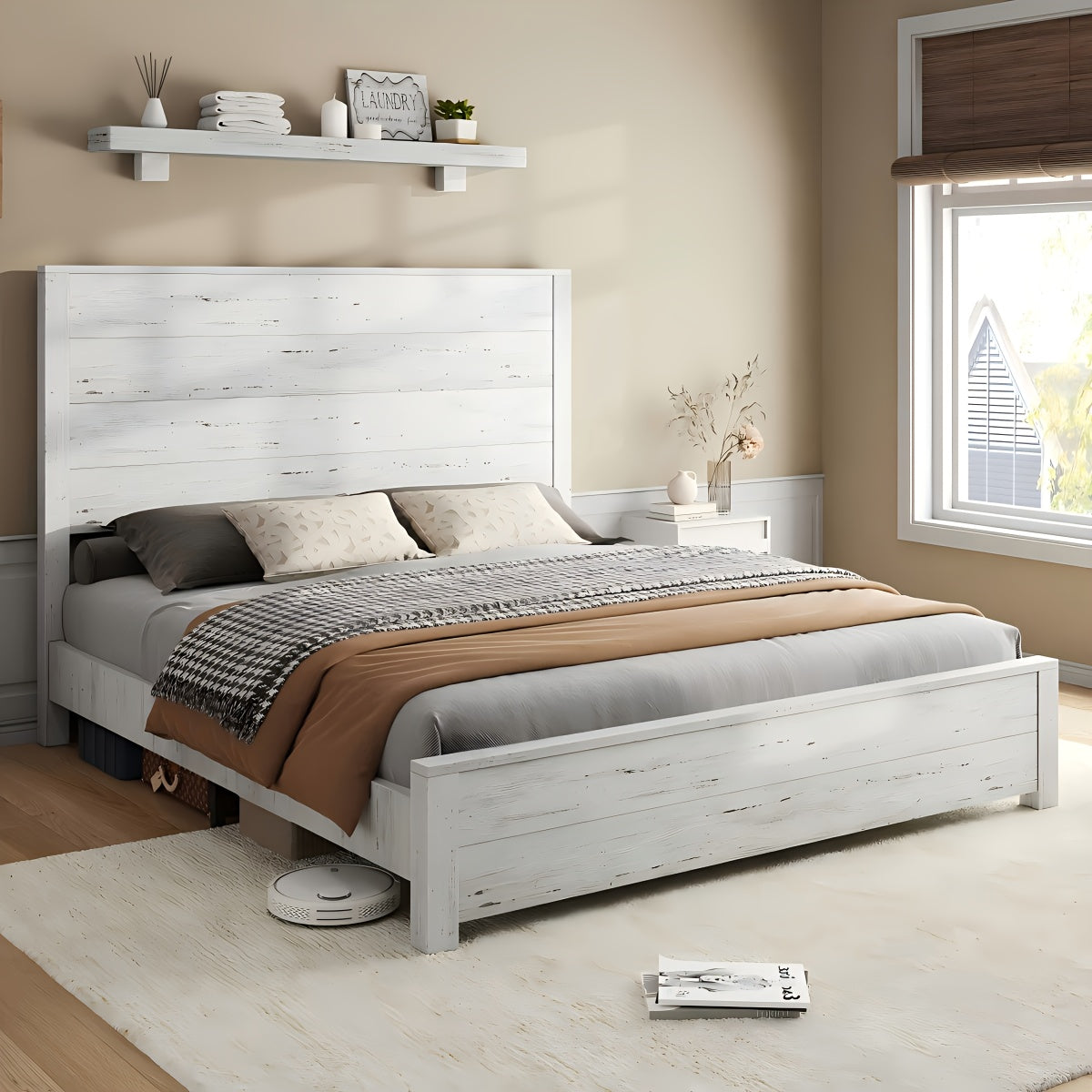 Wooden Platform Bed Frame Featuring a Joined Headboard, Rustic Style, Silent Wood Slat Support, And Does Not Need a Box Spring