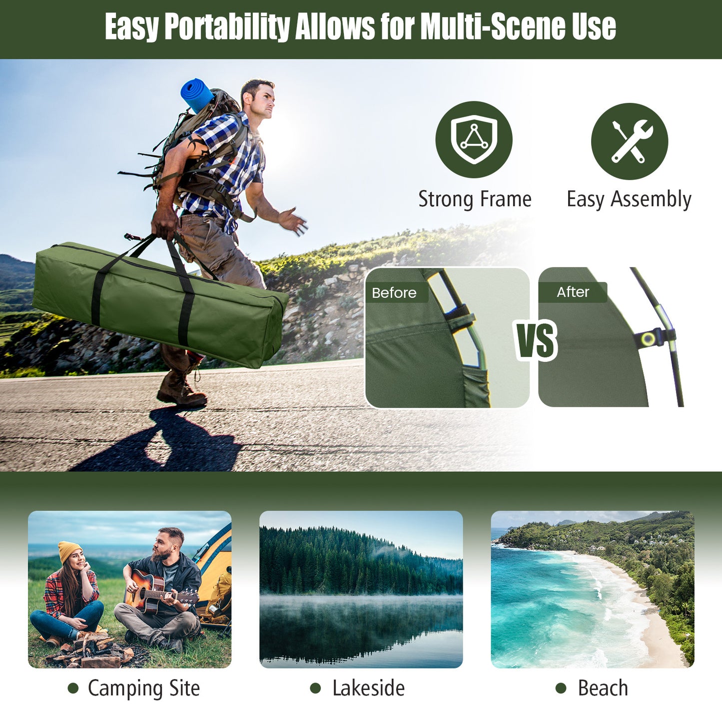 MULTIGOT Outdoor Foldable Camping Tent Cot - 5-in-1 Elevated Portable Single Sleeping Pad with Air Mattress, Pillow & Sunshade, Lightweight Hexagonal Design for Hiking, Travel, Picnic (Green), Camping Mattress, Picnic Gear, E