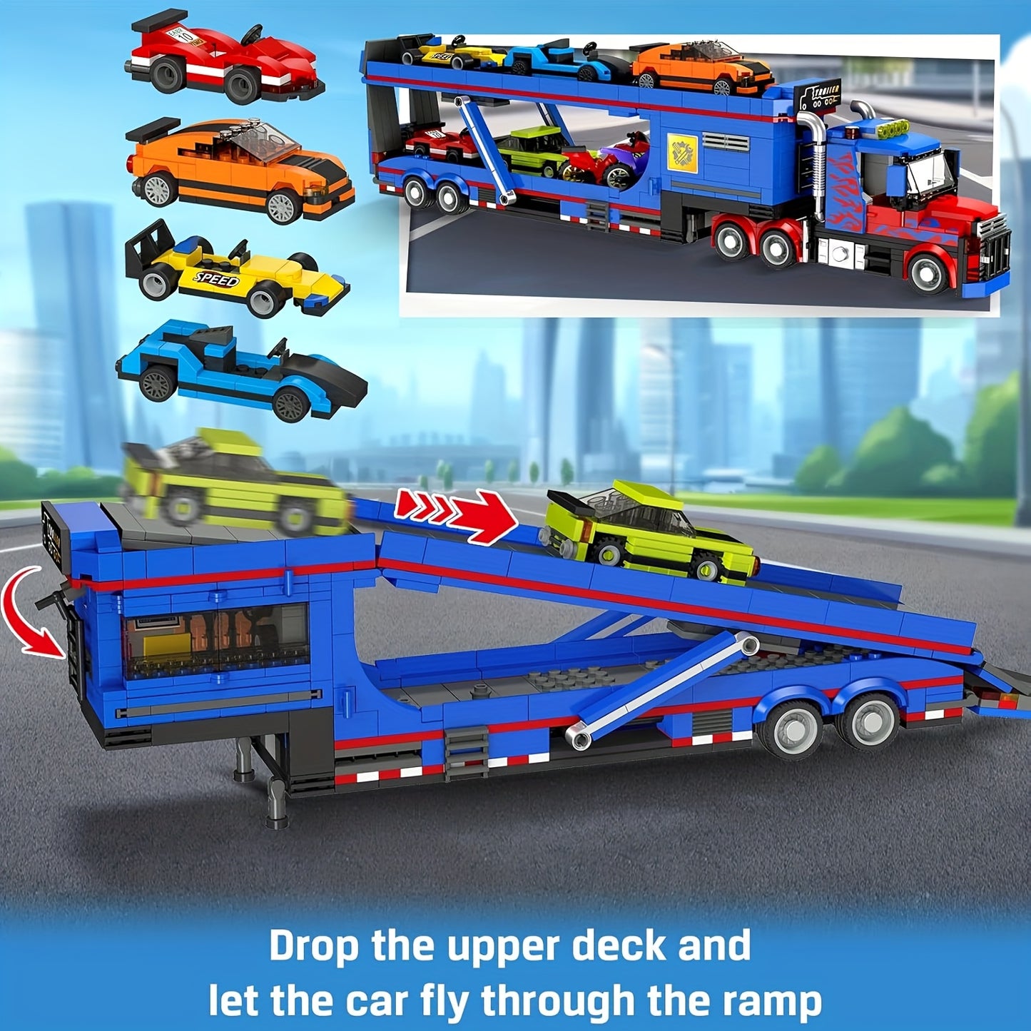 1050pcs Large Building Truck Set with 7 Sports Cars & Motorcycles - Adjustable Ramp, Removable Roof/Cab, Detachable Trailer - STEM for &, Realistic Tow Truck Play, Compatible with City Play