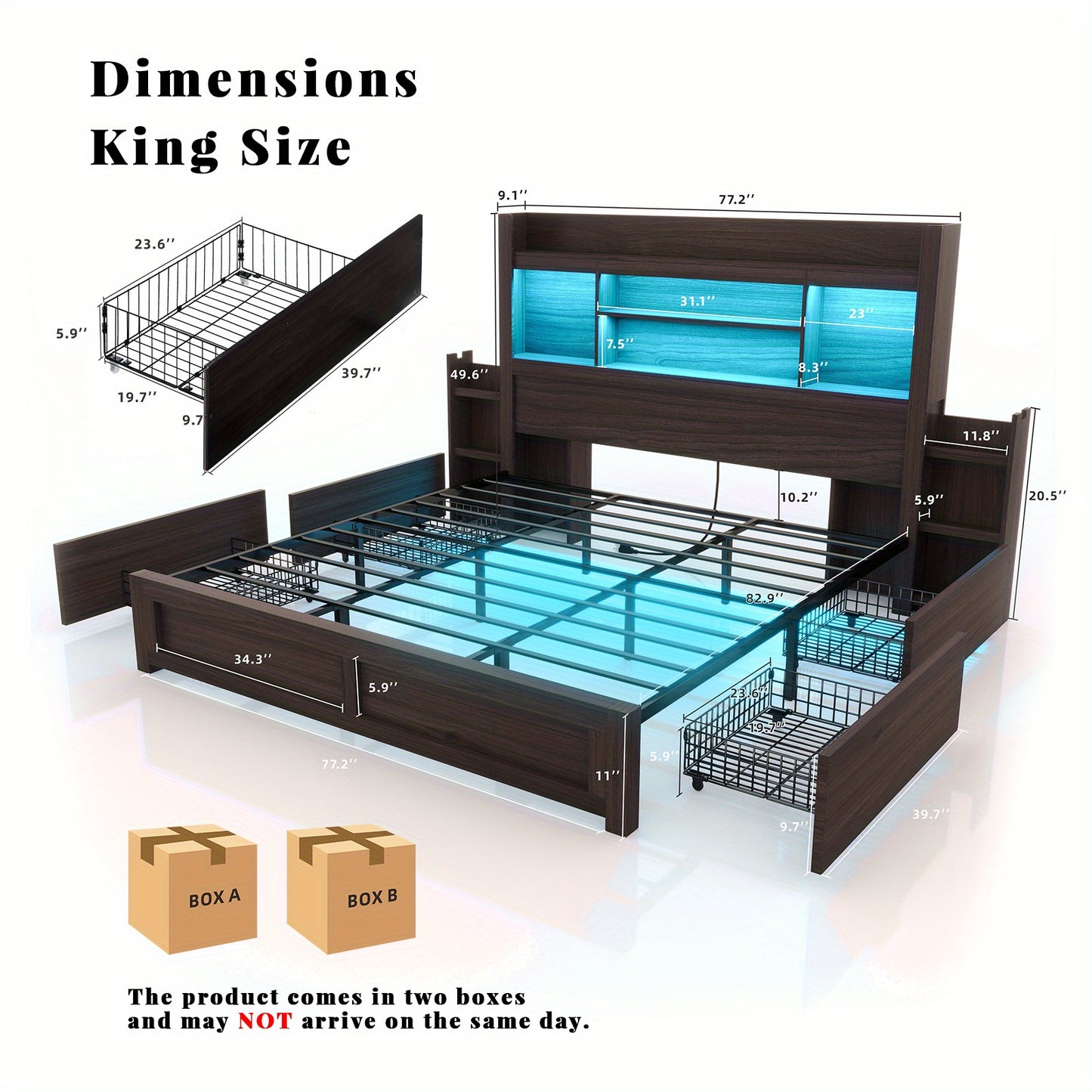 PAPABABE Bed Frame Featuring a 49.6-Inch Bookcase Headboard, Four Drawers, And Two Removable Storage Racks - a Farmhouse-Style Wooden Bed Frame Equipped with RGB LED Lights And a Charging Station, No Box Spring Required