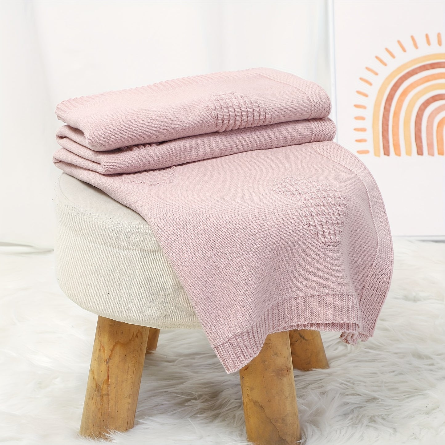 Ultra-Soft Knitted Baby Blanket with Heart Pattern - Adhesive Material, All-Season Lightweight & Warm, Pastel Pink for Newborns 0+ Months, Swaddle Blanket for Sleep, Playtime & Home Decor