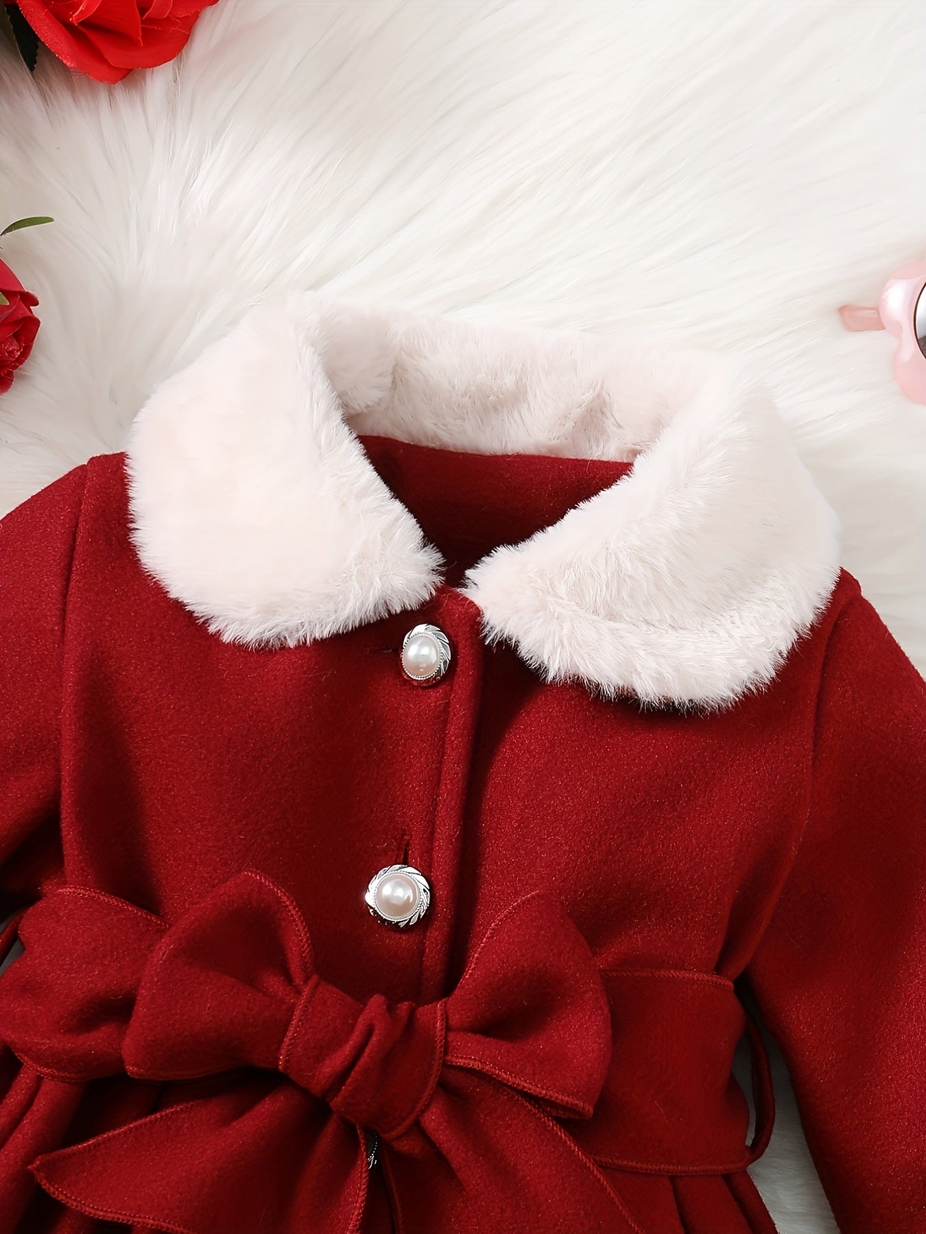 Baby Girl Winter Fleece Jacket & Coat with Plush Bow Lapel Collar - Soft Warm Red Snowsuit, Versatile Casual Outfit for School Season, Cute Small Gift for Infants