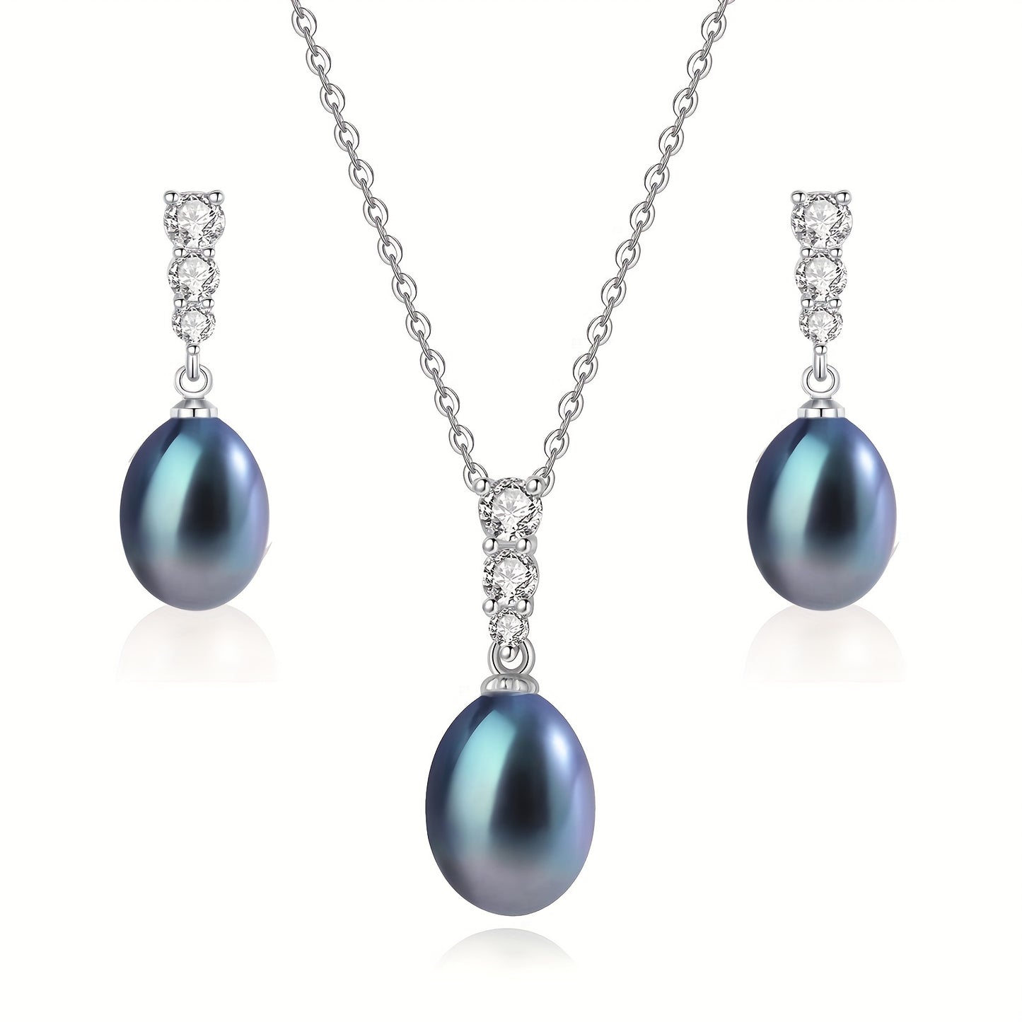 925 Sterling Silver Natural Seawater Pearl Pearl Necklace And Earrings Set 9-10MM