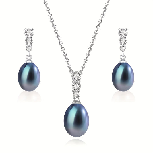 925 Sterling Silver Natural Seawater Pearl Pearl Necklace And Earrings Set 9-10MM
