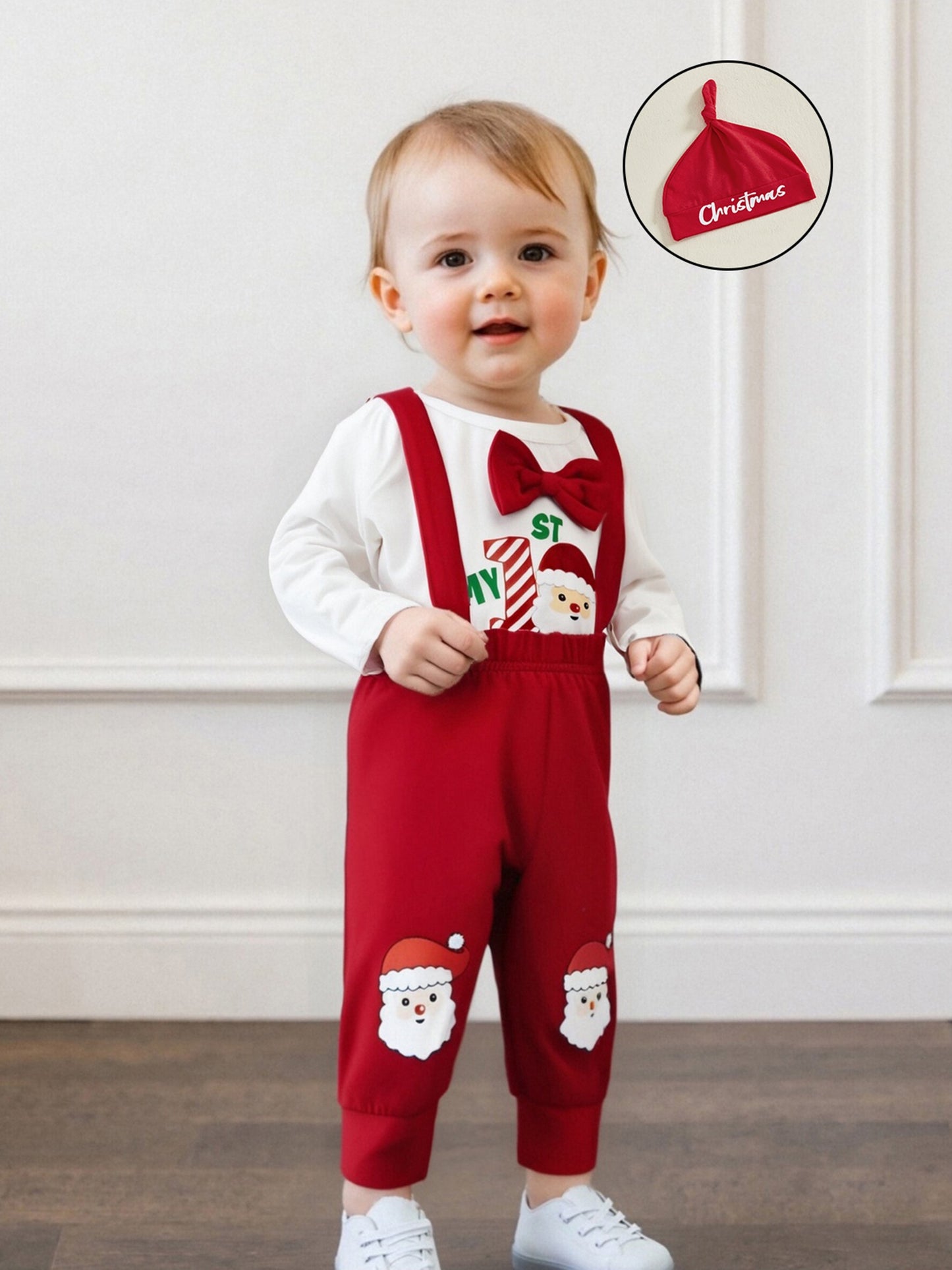 Newborn Baby Boy Fall Winter Christmas Letter Long Sleeve Round Neck Romper Elastic Waist Overall Pants with Hat Outfits, Perfect for Outdoor