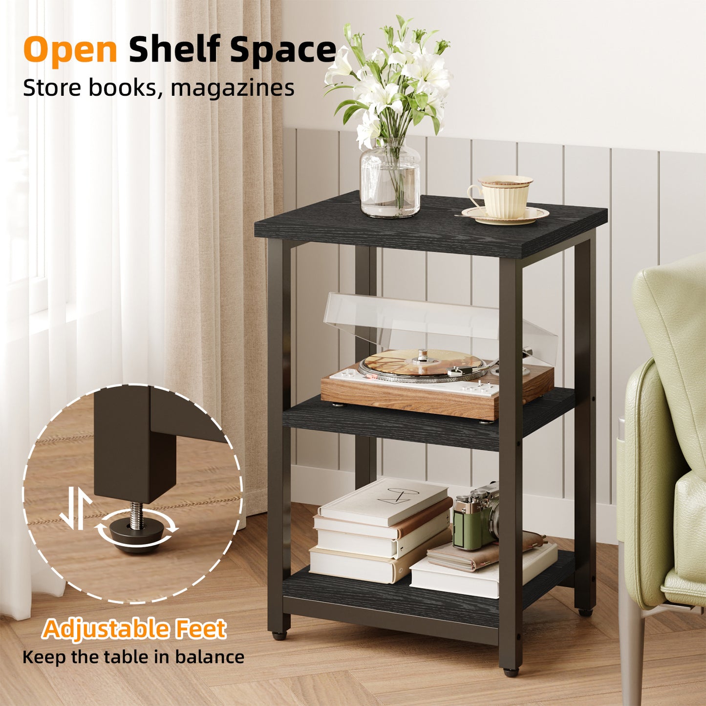 WHONLINE Side Table, Small End Table, Nightstand, 3-Tier End Table with Storage Shelf for Living Room, Bedroom, Office, Bathroom, 13.4*11.8*22.8 Inch, Classic Black