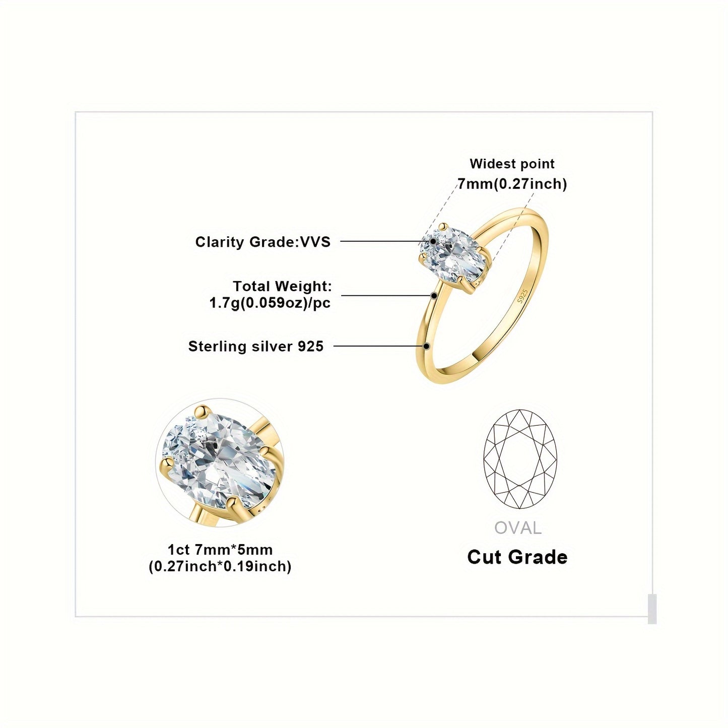 1pc Moissanite 1ct&2ct 925 Sterling Silver Elegant And Luxury Exquisite Oval Cut Synthetic Moissanite Wedding Engagement Solitaire Ring for Woman for Girl for Dating Gift for Daily Decoration Fine Jewelry