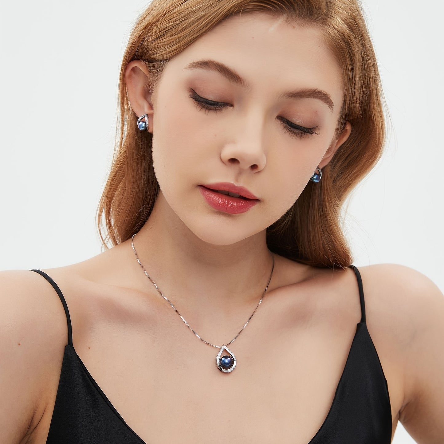 S925 Elegant Teardrop Style Cultured Black Pearls Necklace And Earrings Set