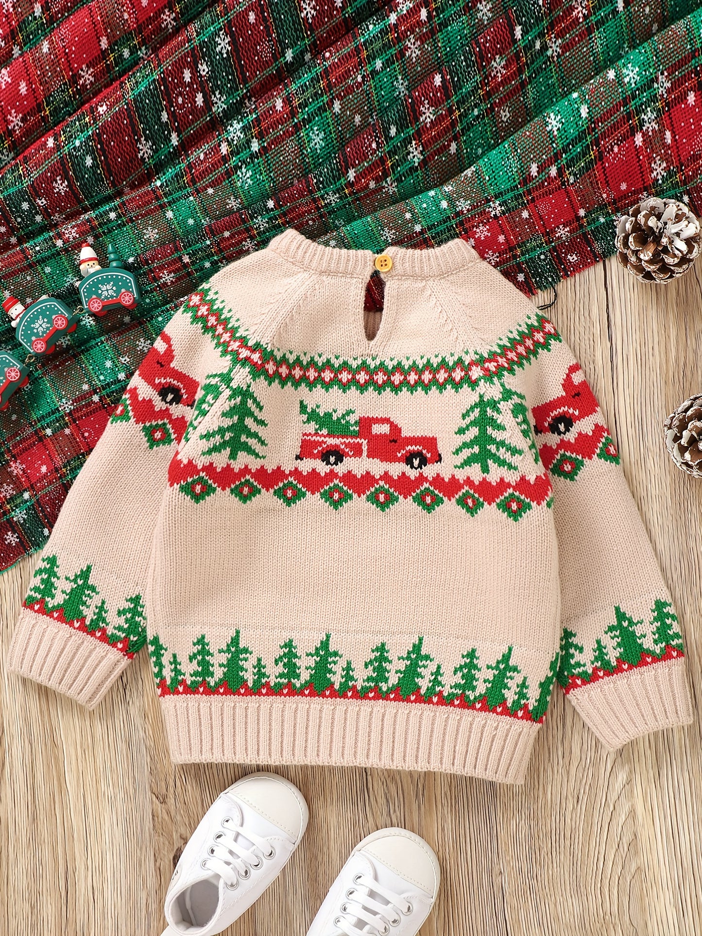 ESZNGD & Christmas Sweater - Red Truck & Reindeer Print Pullover, Soft Long Sleeve Crewneck Winter Sweater with Truck Driver Theme, Cozy Loose Fit for (Unisex Holiday Outfit)