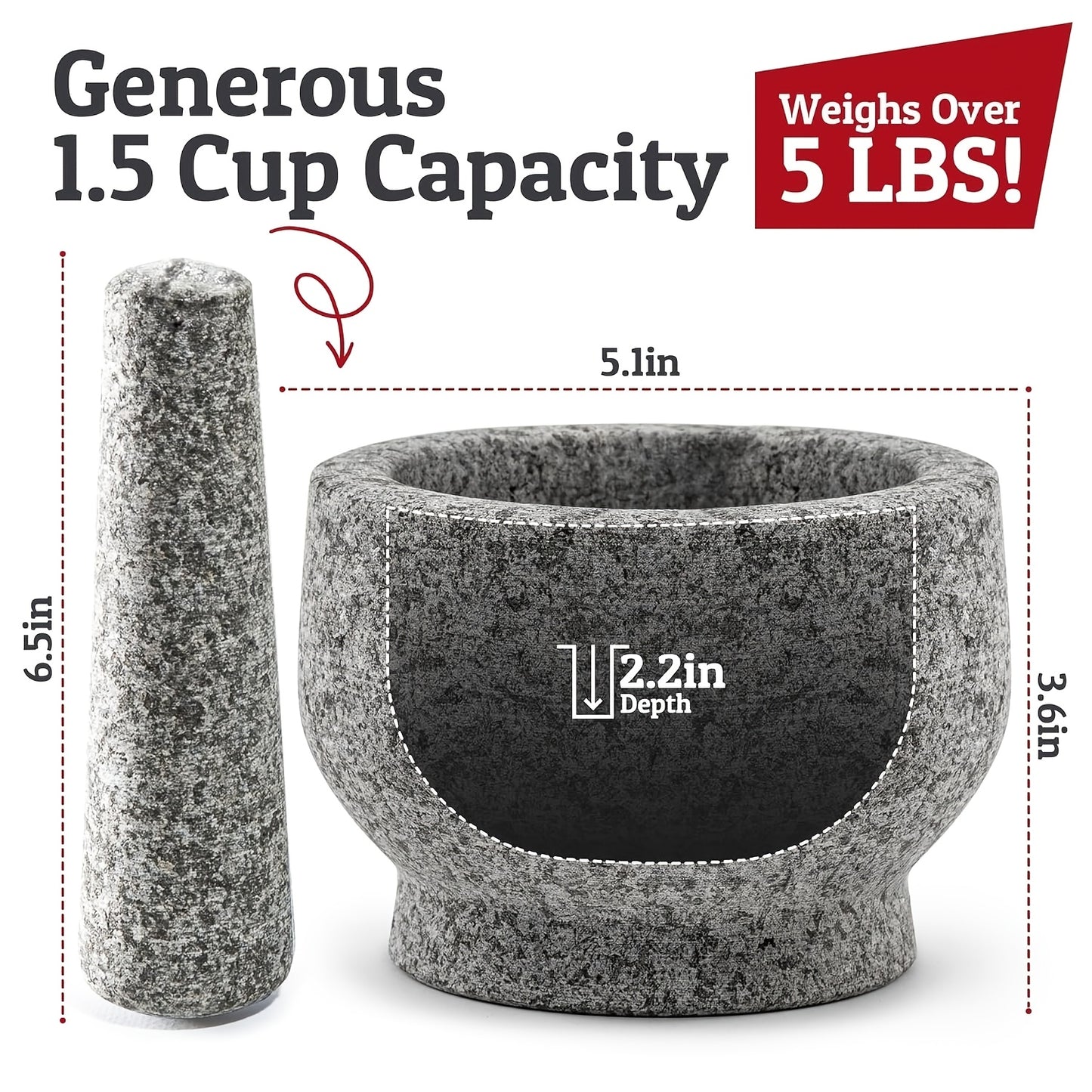 Heavy-Duty Granite Mortar and Pestle Set - Large 1.5-Cup Stone Bowl for Guacamole, Spice Crushing, - Durable Stone Mill, DIY & Fresh Sauces (Unpolished Grey)