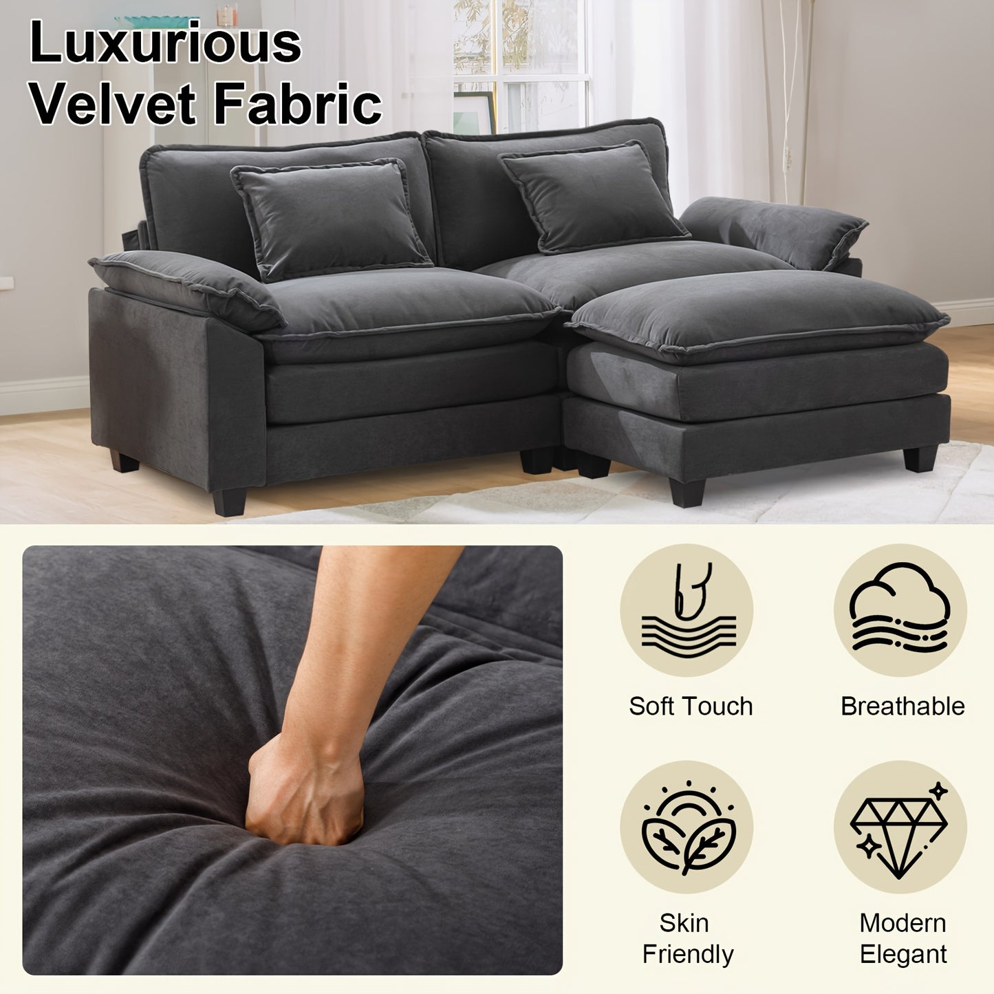 86'' Sectional Sofa, Modular Loveseat Sofa with Ottoman, Chenille Cloud Couch, Upholstered Deep Seat Sofa for Living Room, Apartment