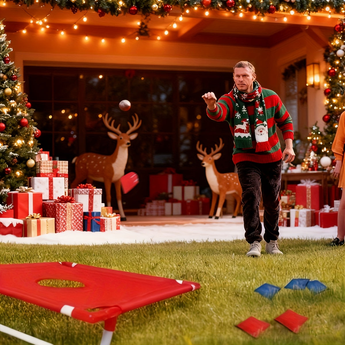 A Foldable And Sturdy Red And Blue Corn Hole Game Set, Perfect for Outdoor Gatherings, Camping Trips, And Backyard Fun. It Includes 6 Bean Bags And Does Not Need Batteries, Making It Ideal for Christmas And Halloween Celebrat