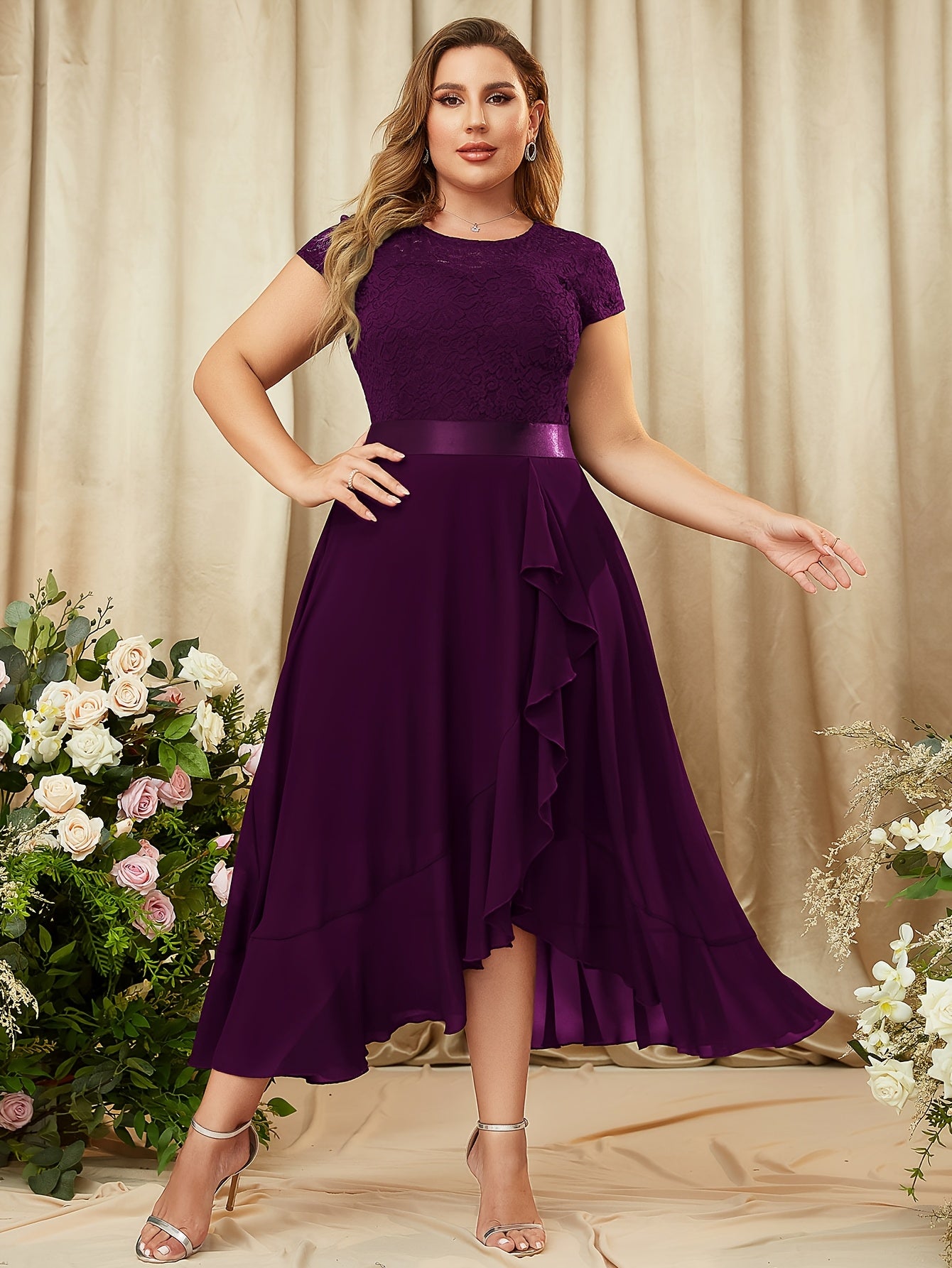 Plus Size, Women's Elegant Plus Size Bridesmaid Dress - Floor-Length Formal wedding gown with Ruffled Hem, A-Line Maxi dress in Deep Purple/, Machine Washable Chiffon for Prom, Evening Parties, Bridal Party - Structured Fit &