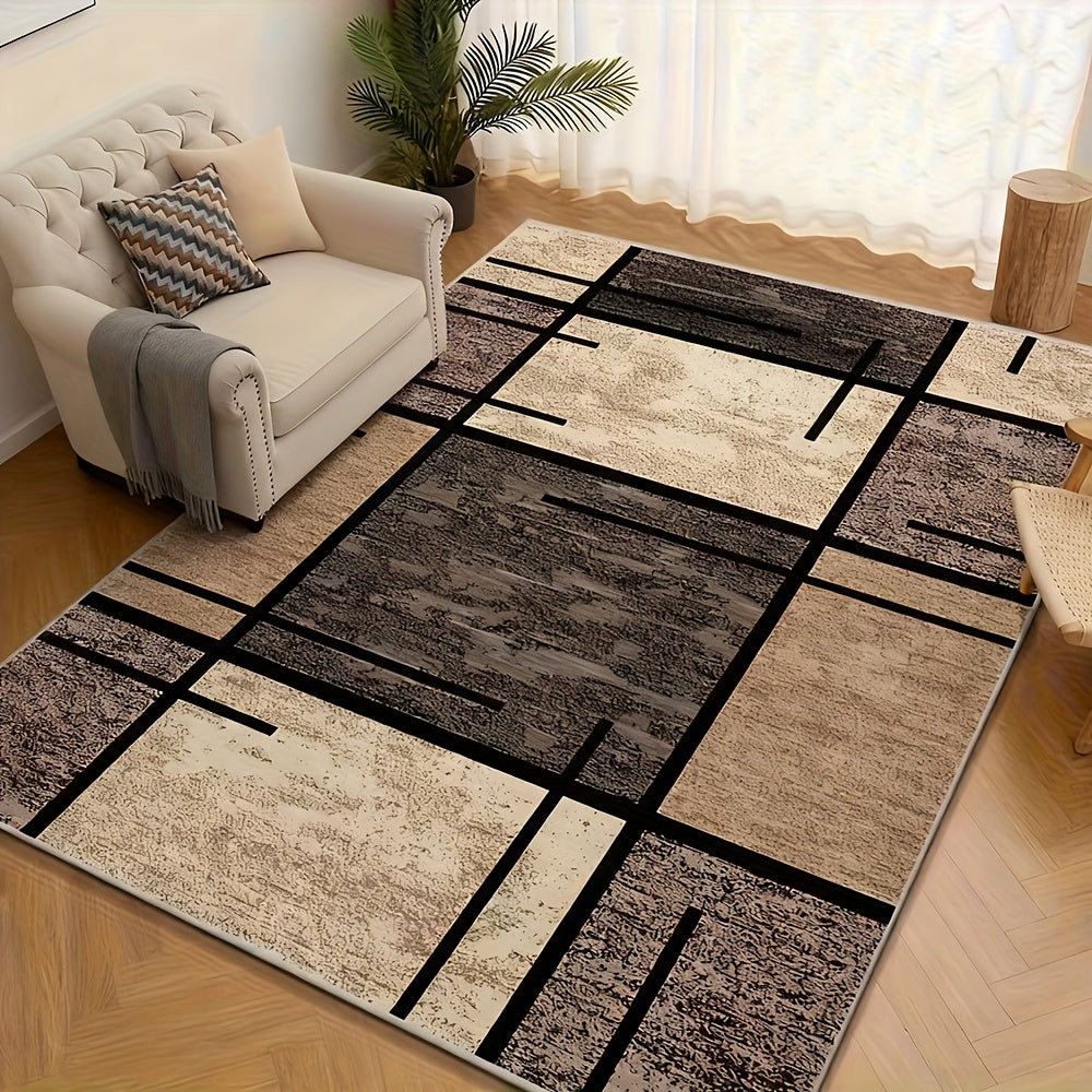 Luxury Velvet Area Mat - Premium Machine Washable, Fade-Resistant Polyester Mat for Living Room, Bedroom, Office, And Outdoor Decor - Rectangle, Lightweight, And Easy to Clean - 850 GSM, Beige And Brown Geometric Pattern, Com