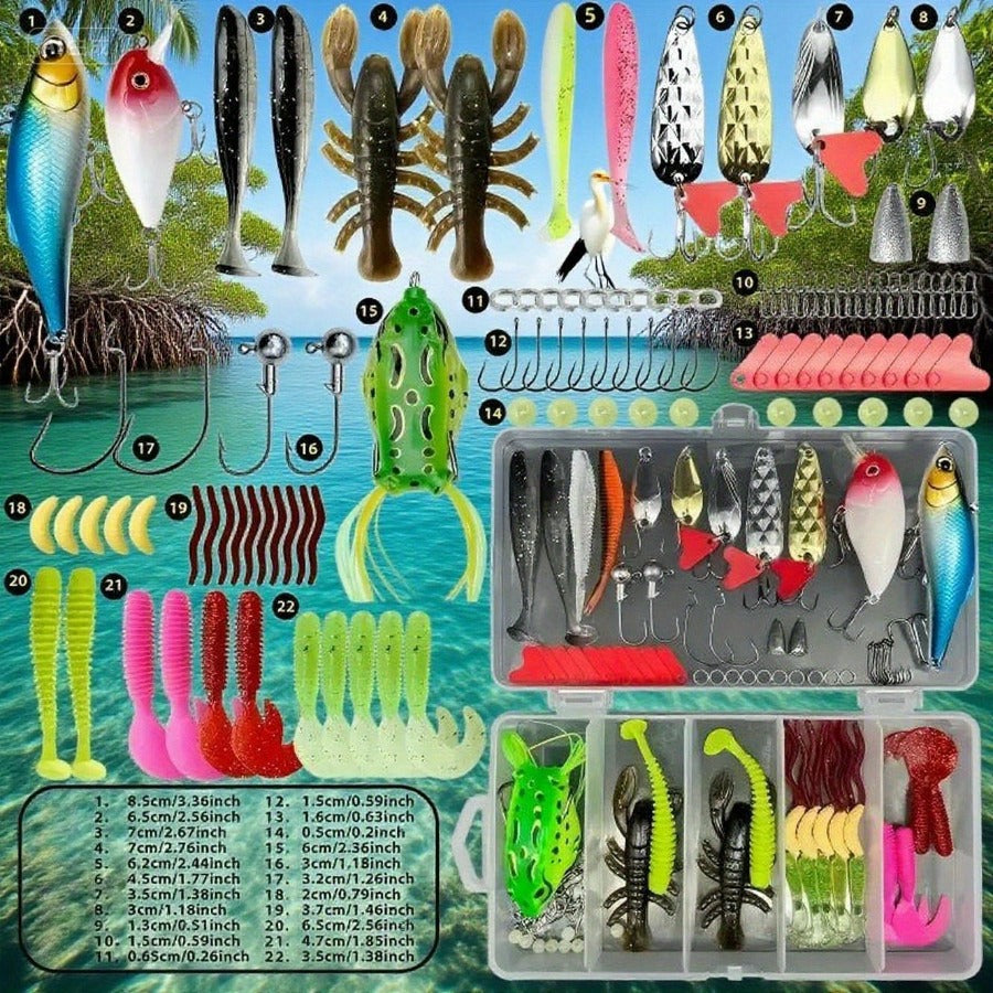 fanyishu Popular - Professional Bass Fishing Lure Set | 109pcs Kit, Includes Treble Hooks, Soft Baits, Plastic Worms, Sinkers, and Fish Hooks Suitable for Saltwater