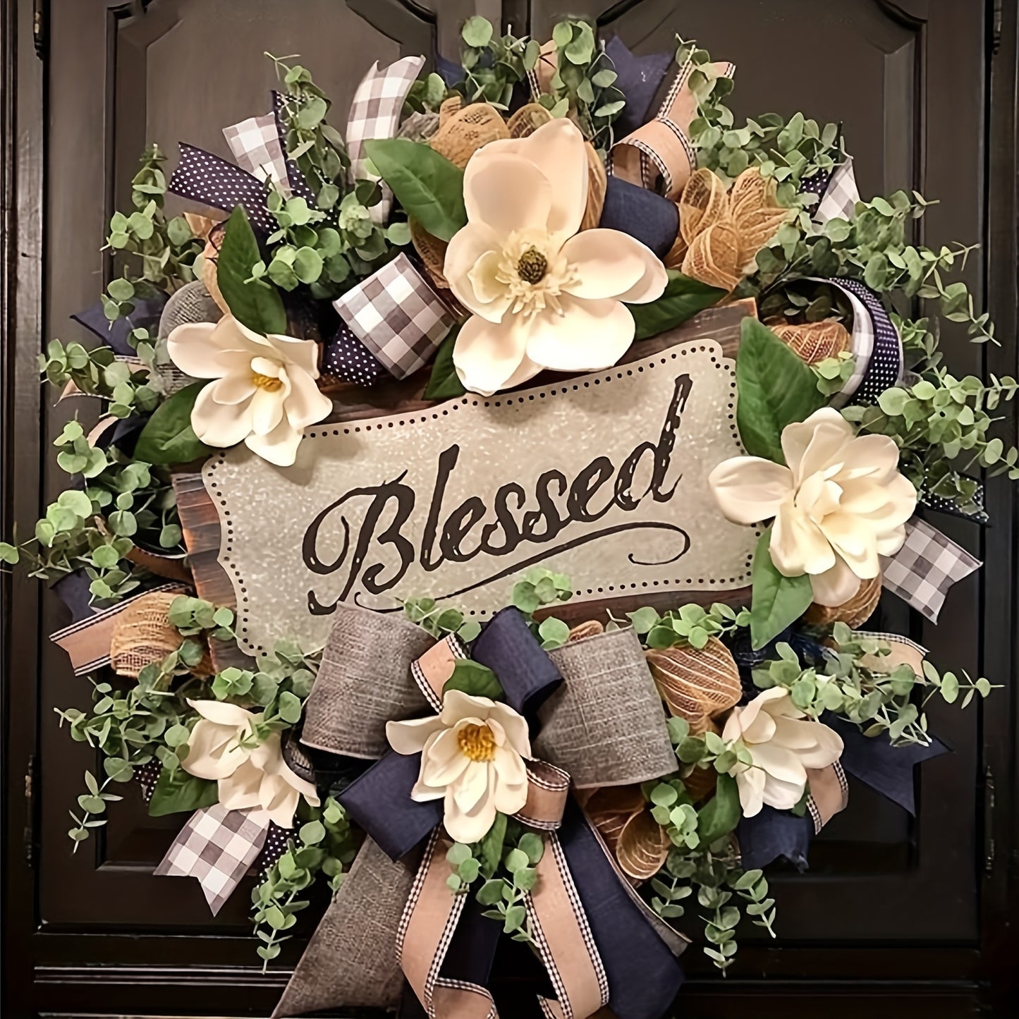 1 Extra-Large 20-Inch Farmhouse-Style Wreath- Elegant Magnolia Floral Door Decoration, Plaid Pattern, Rustic Porch Accent, Perfect for Thanksgiving, Halloween, Christmas, Garden Decor, Cozy Home Accent, Natural Leaf Design, F