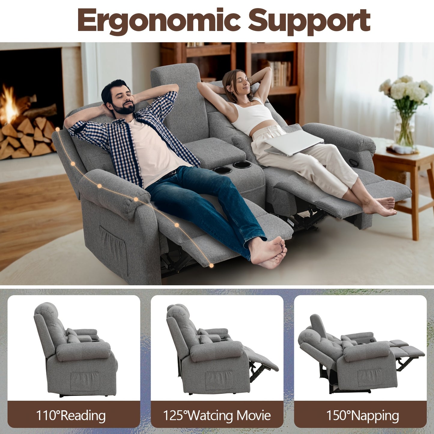 Manual RV Loveseat Recliner | Brown Velvet Cushion-back Sofa with Console, Cup Holders, Pockets for Living Room and Home Theater Seating, Metal Frame, Contemporary Style by VUYUYU