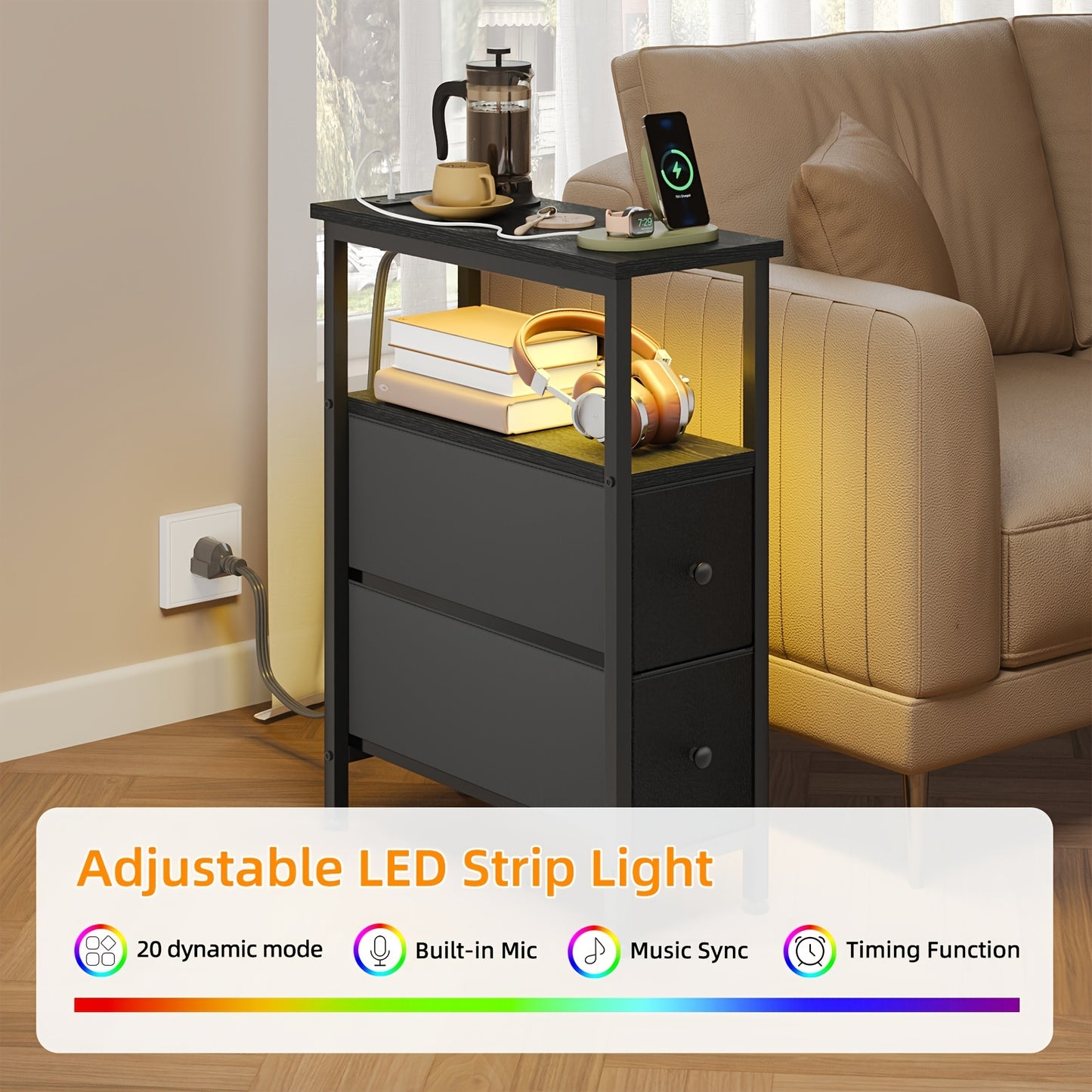 WHONLINE 1pc/2pcs Narrow Night Stand With Charging Station, End Table, Narrow Side Table With 1/2 Fabric Drawers, Skinny Nightstand With Storage, For Living Room, Small Spaces, School And Dormitory Storage, Brown And Black, F