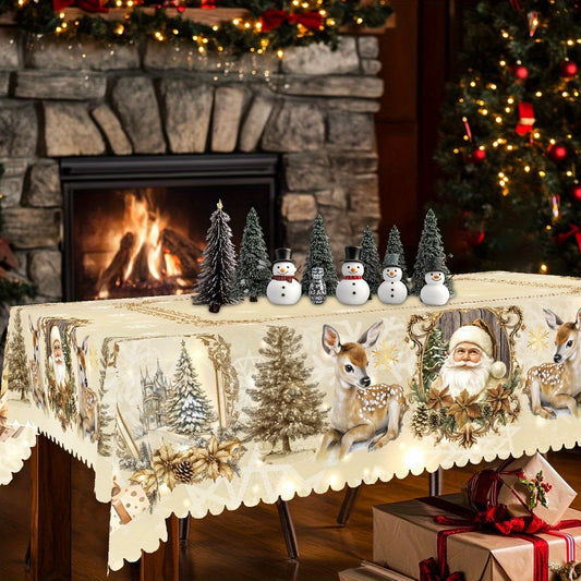 A Christmas-Themed Printed Tablecloth Featuring Santa Claus, Snowmen, And Snowy Landscapes, Designed in a Vintage Country Cottage Style. Suitable for Christmas, New Year Gatherings, Party Decorations, Kitchen Accessories, Roo