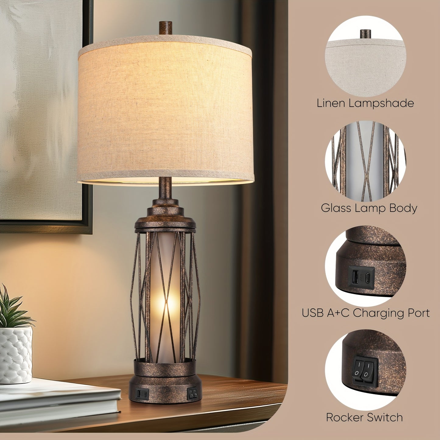 Farmhouse Table Lamps For Living Room, Rustic Nightstand Lamp For Bedroom With USB C+A Charging Ports, Built-in Frosted Glass Night Light For Entryway End Table, 4 Bulbs Included, Bronze