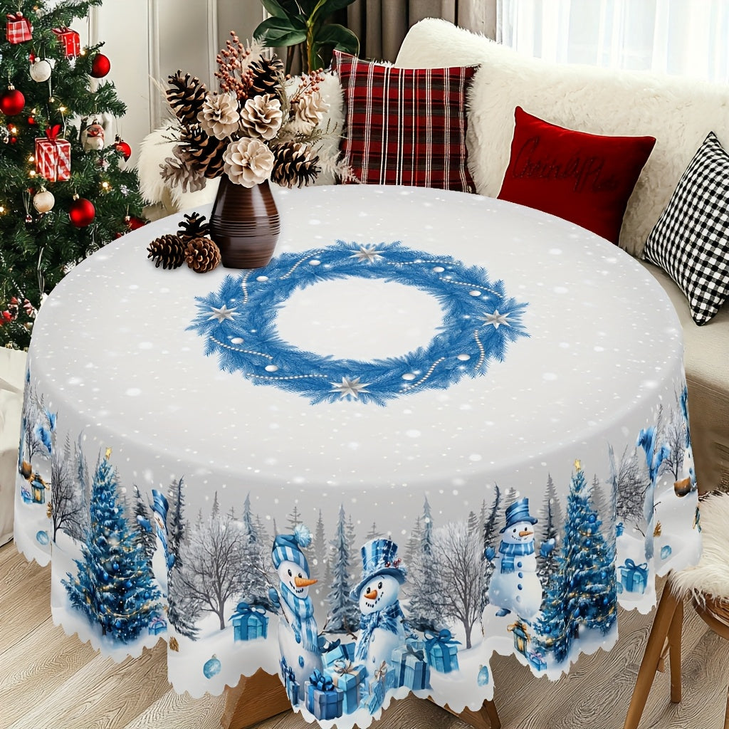 1pc Merry Christmas Themed Printed Tablecloth, Farmhouse Style, Snowman, Christmas Tree Pattern Design, Christmas, New Year Gatherings, Parties Decor, Kitchen Accessories, Room&Outdoor Decor, Gift to Friends, Rectangular&Roun