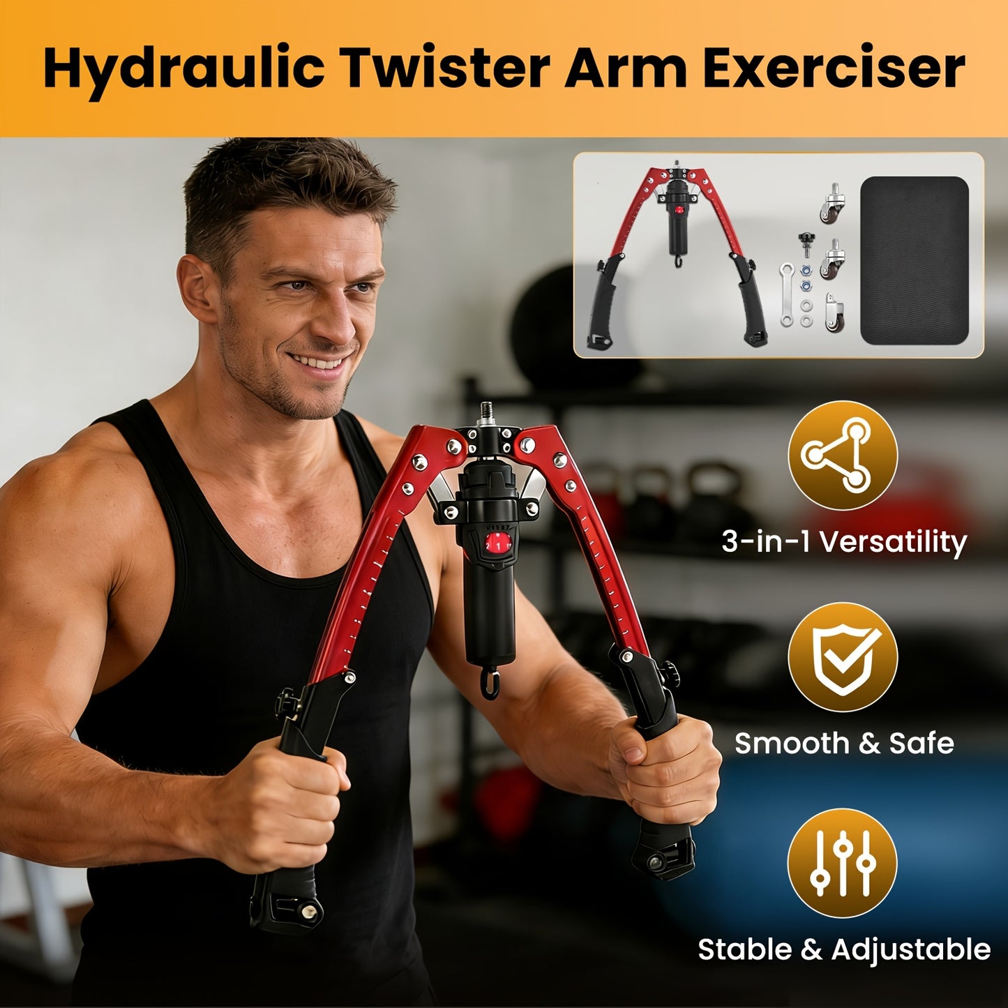 1 Twister Arm Trainer | Adjustable Hydraulic Home Gym Equipment for Strength Training, 22-440Lbs Chest Expander with Ab Roller Wheel, Workout Equipment for Men & Women, Arms Chest Core, Valentine'S Day Gifts, Carbon Steel, Re