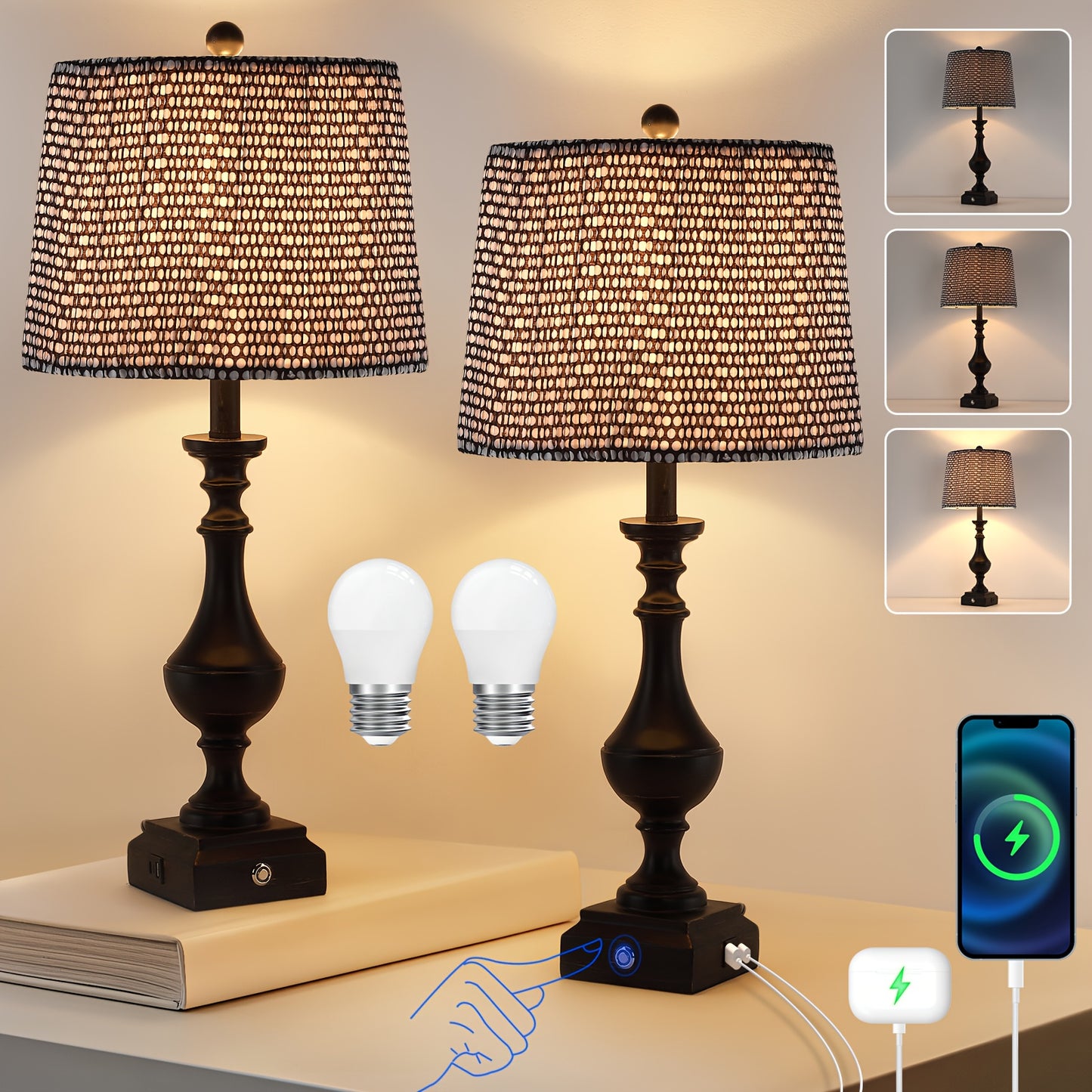 2 Set 3-Way Touch Dimmable Table Lamps for Living Room End Tables, 27.5" Tall Rustic Bedroom Lamp for Nightstand, Dual USB Charging Ports, Black Golden Resin Base with Linen Shade, Classic Candelabra, Farmhouse Bedside Lamp (