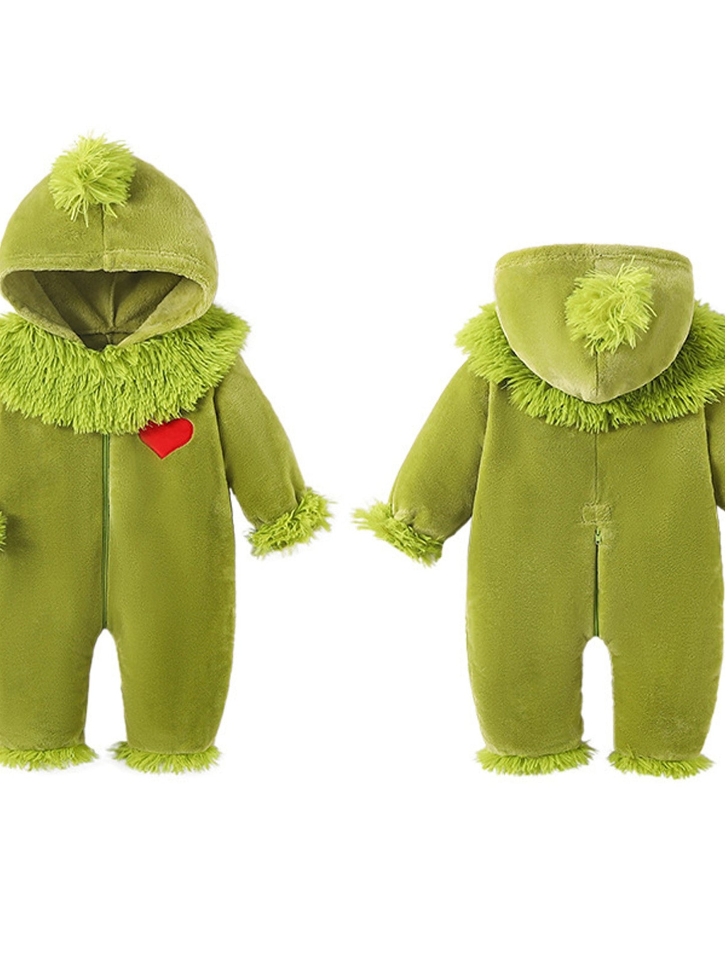 Infant Baby Boy & Girl Green Monster - Furry Hooded Zipper Jumpsuit with Plush Trim, Soft Fuzzy Outfit with Heart Cutouts & Fluffy Ears for Christmas, Birthday Party, Everyday Play - Easy-Care Monster Romper ( to 12m) - Hand