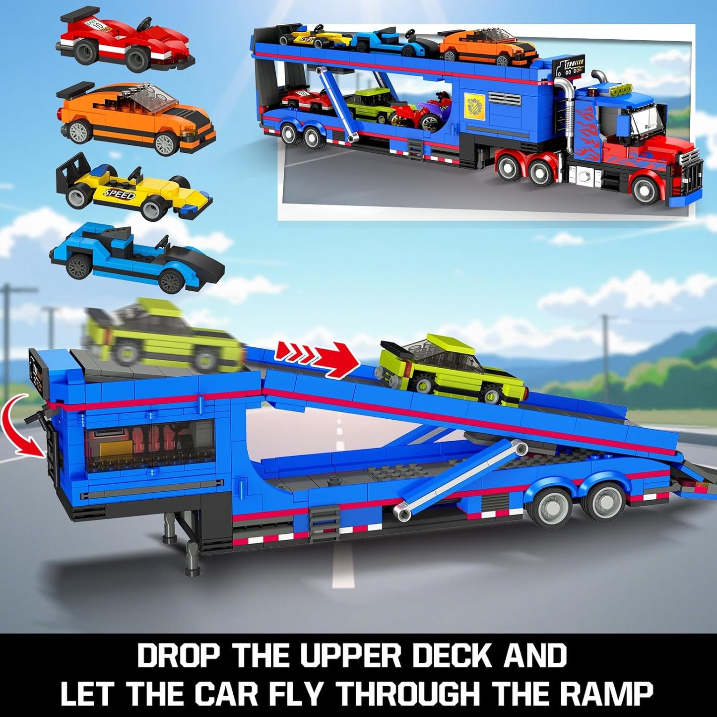 1050pcs Large Building Truck Set with 7 Sports Cars & Motorcycles - Adjustable Ramp, Removable Roof/Cab, Detachable Trailer - STEM for &, Realistic Tow Truck Play, Compatible with City Play
