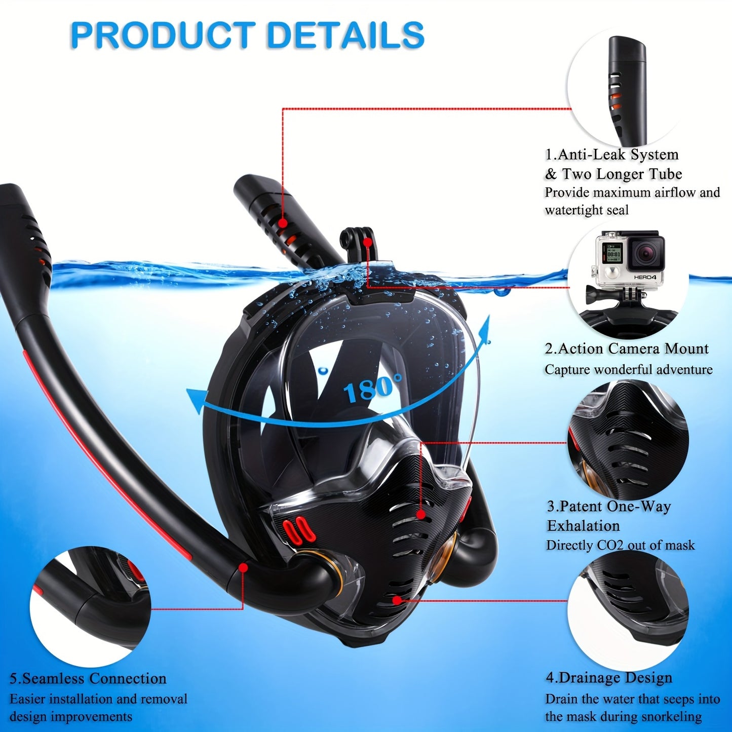Full Face Snorkel Mask, 180 Degree Panoramic HD View Snorkeling Mask, Anti-Leak Dry Top Set for Adults